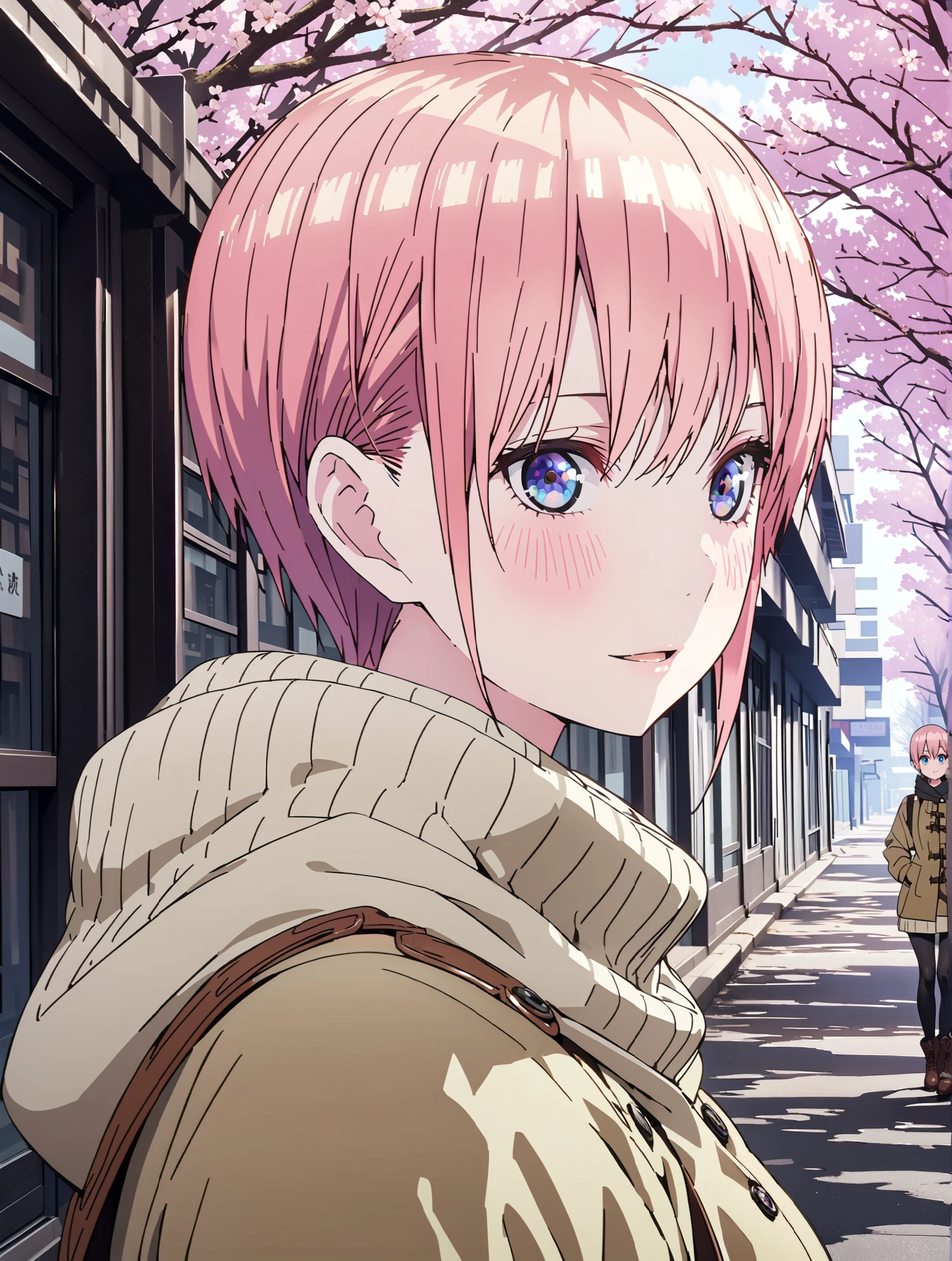 Nakano Ichika, short hair, bungs, blue eyes, Between the eyebrows, pink hair near MM, smile,blush,open your mouth,duffle coat,The front is empty,oversized turtleneck sweater,Black Pantyhose,Short Boots,walking,cherry blossoms,School building,full bodyがillustration for both eyesに入るように,break outdoors, Around town,
break looking at viewer,full body,
break (masterpiece:1.2), top quality, High Resolution,  Unity 8K Wallpaper , (illustration for both eyes:0.8), (beautiful detailed eyes every time I look to the side:1.6), Highly Detailed Faces,  perfect lighting, extremely detailed CG, (PERFECT HAND, perfect anatomy),full body写真,