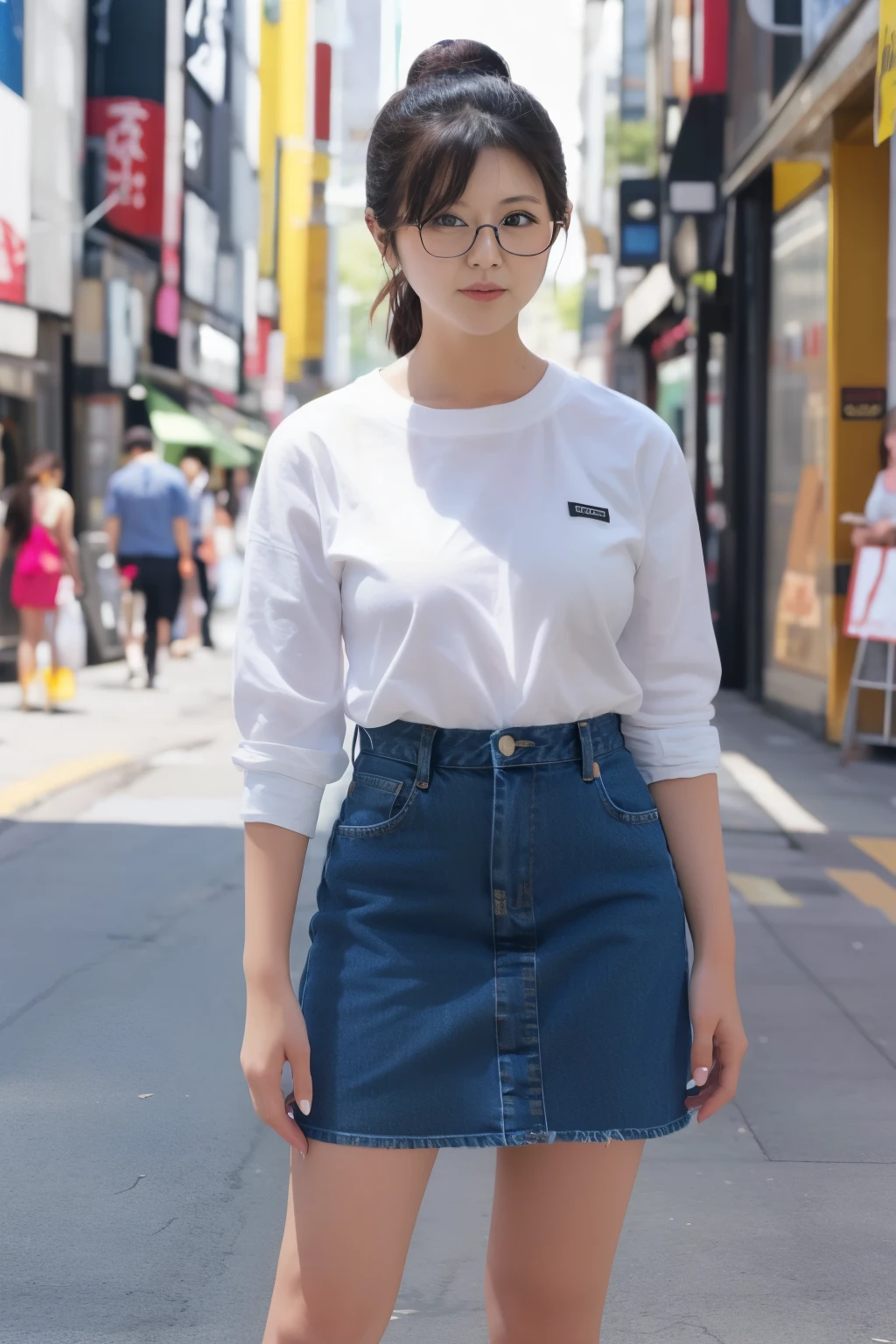 full body shot、30-year-old Japanese woman、Glasses、low ponytail、bungs、denim skirt、WhiteT shirt、SMALLE BREASTS、 (( No Background ))