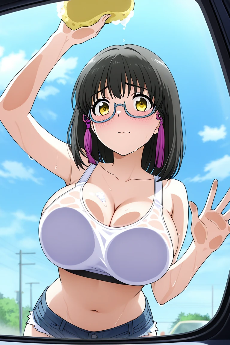 masterpiece, best quality, amazing quality, anime screencap, anime coloring, offical art, beautiful skin, beautiful body, 
BREAK 
shibata mizuki, medium hair, black hair, yellow eyes, tassel hair ornament, semi-rimless eyewear, 
1girl, solo, blush, embarrassed, 
(sagging large breasts), collarbone, white sports bra, cleavage, midriff, navel, micro shorts, denim shorts, cutoffs, wet, see-through, looking at viewer, holding sponge, breasts on glass, pov, soap bubbles, from below, upper body, outside of car, blue sky, glass window, 