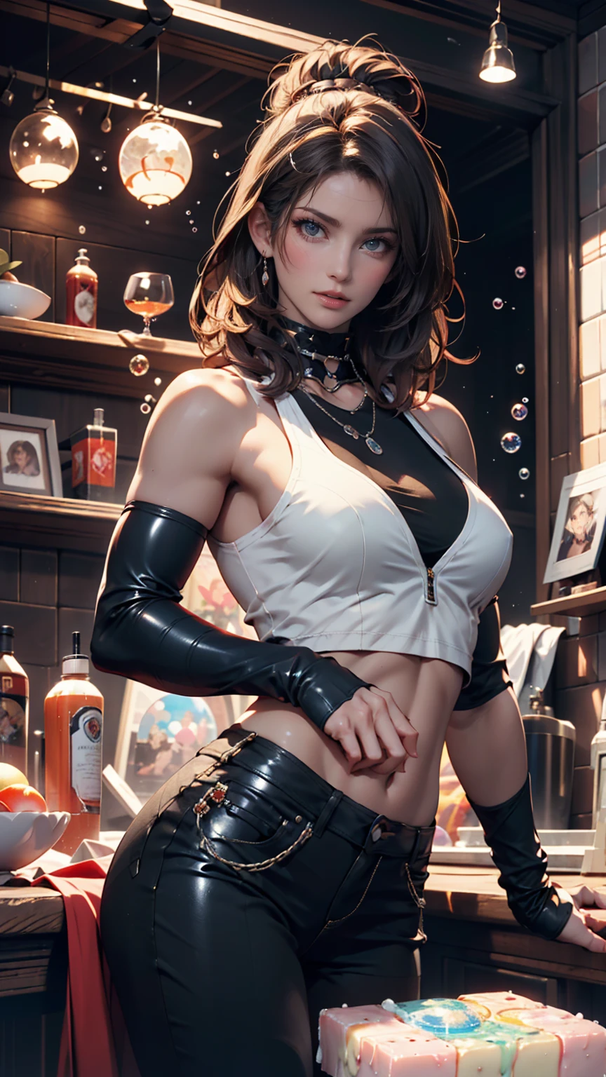 (masterpiece, best quality), 1girl, <lora:ShortHairTifa:0.8> ShortHairTifa, 1girl, solo, short hair, large breasts, brown hair, red eyes, black gloves, navel, cleavage, bare shoulders, jewelry, collarbone, pleated skirt, elbow gloves, midriff, black thighhighs, miniskirt, fingerless gloves, black skirt, white tank top, skindentation, swept bangs, suspenders, suspender skirt, taut clothes, dangle earrings