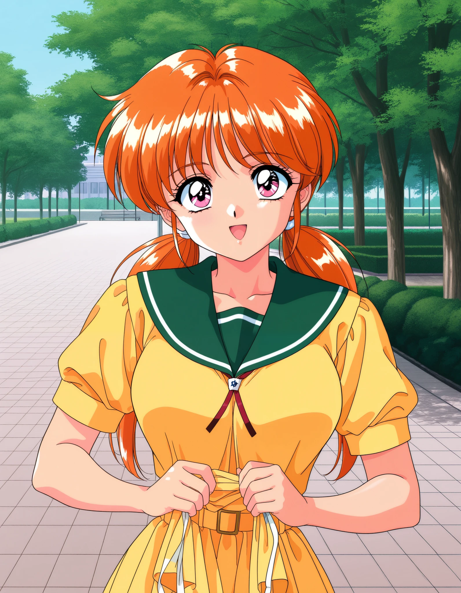 General,highres, ultra-detailed,very aesthetic,best quality ,best hands, BREAK rika, 1girl, Alone, orange hair, Long Ponytails with White Laces, pink eyes, Large breasts, 1990s (style), retro artstyle, game cg style, she is in a public park full of men who look at her excited, she wears a green sailor's school suit and pulls up her skirt showing her red underwear
