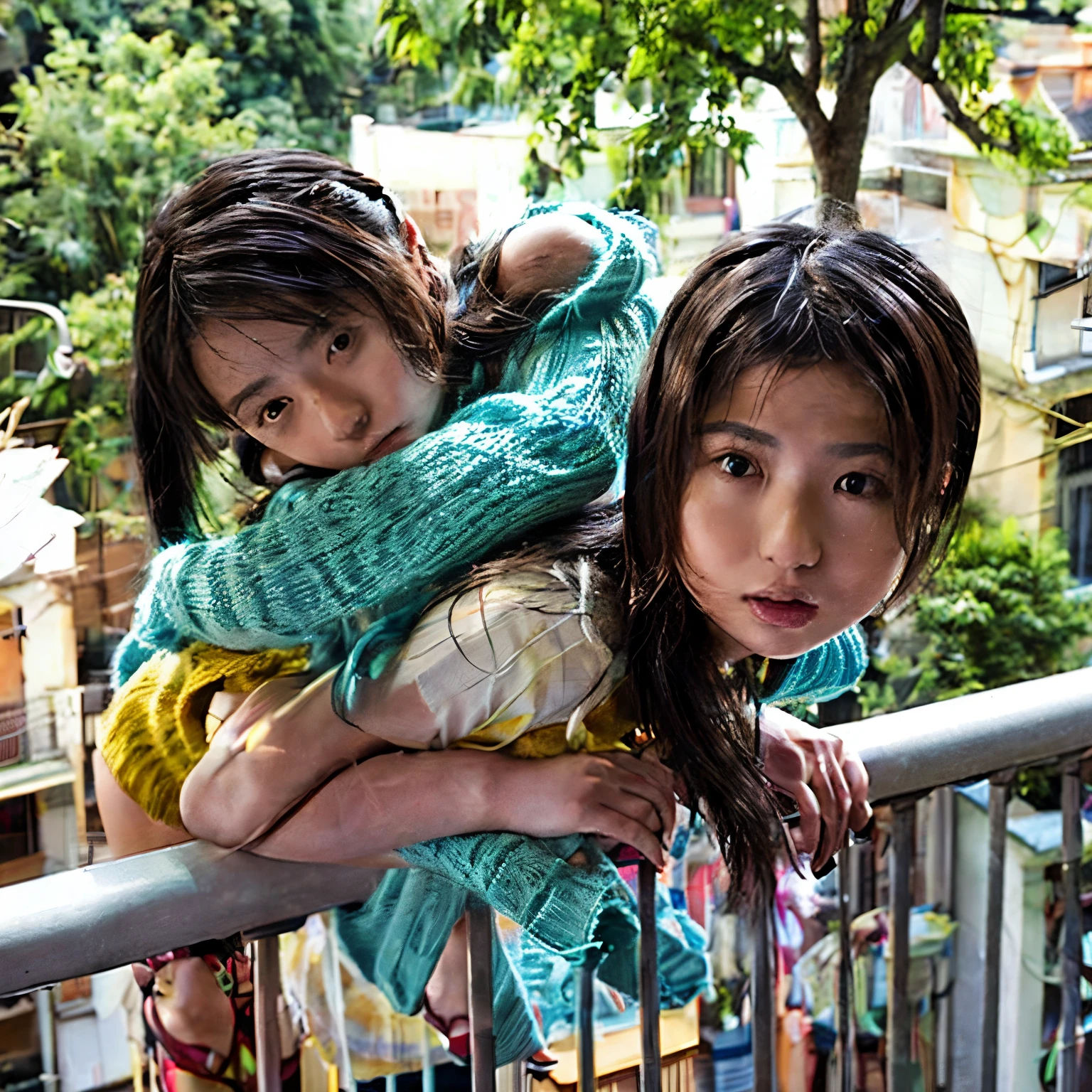 with a curious expression are leaning against the balcony railing、The、twin sisters looking down at the street。