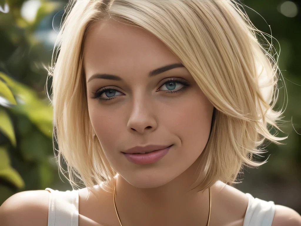 photo of Aliy Eve, RAW, beautiful woman, ((portrait)), ((detailed face:1.2)), (clear skin, glossy lips, clear skin), (very short hair, short hair with fringe, messy wind swept streaked blonde hair, platinum-blonde hair: 1.55), (perfect proportioned body, Strong, muscular, thin waist, narrow hips, skinny, medium breasts, C-cup), (lying face down on a platform, chest squished down, leaning forward, sleepy expression, Half-Lidded eyes, glossy lips, cleavage, focus on breasts:1.2), (she wears a see-through transparent white dress, NSFW, opaque clothing, jewelry, bangles, gold accessories. detailed background, garden, pavilion), (realistic photo, best quality, detailed), (8k wallpaper), (bright cinematic lighting, lens flares, beautiful light, (noon:1.3)) (sharp focus, intricate)