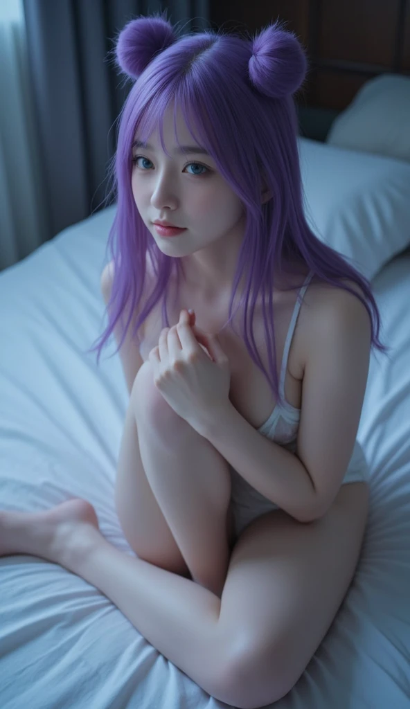 Woman kneeling, doggy-style, Front, wet skin, Saori Kido, long purple hair, naked, medium breasts, small nippless, Pussy dripping, Masturbating, beautiful legs, perfect feet, Bedroom