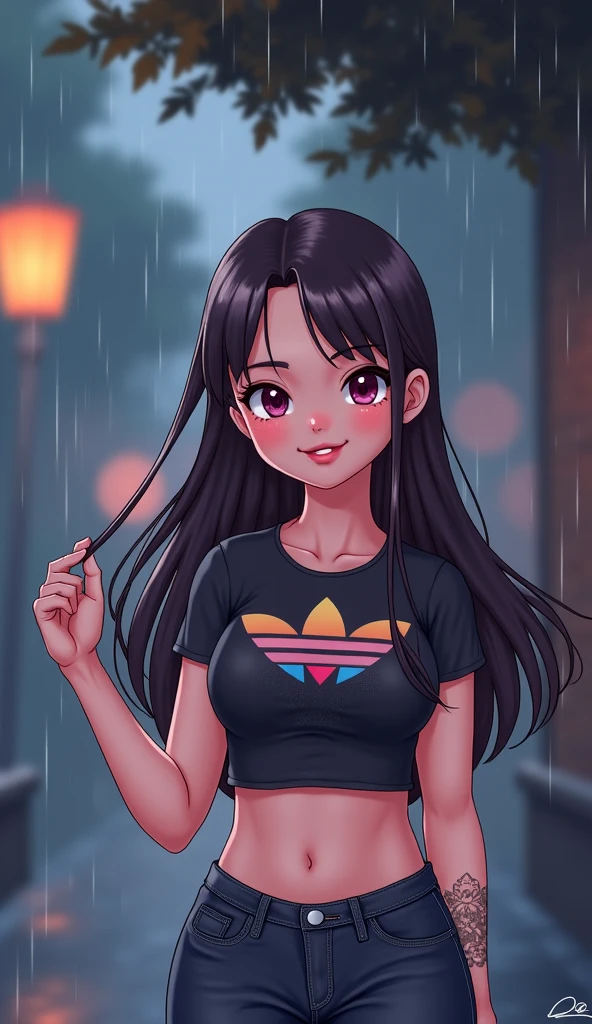Realistic, outdoor, park, wide angle, raining, soaking wet, 1girl, bored, bubble gum, blowing bubble gum, POV, from above, standing, t-shirt, pants, twintails