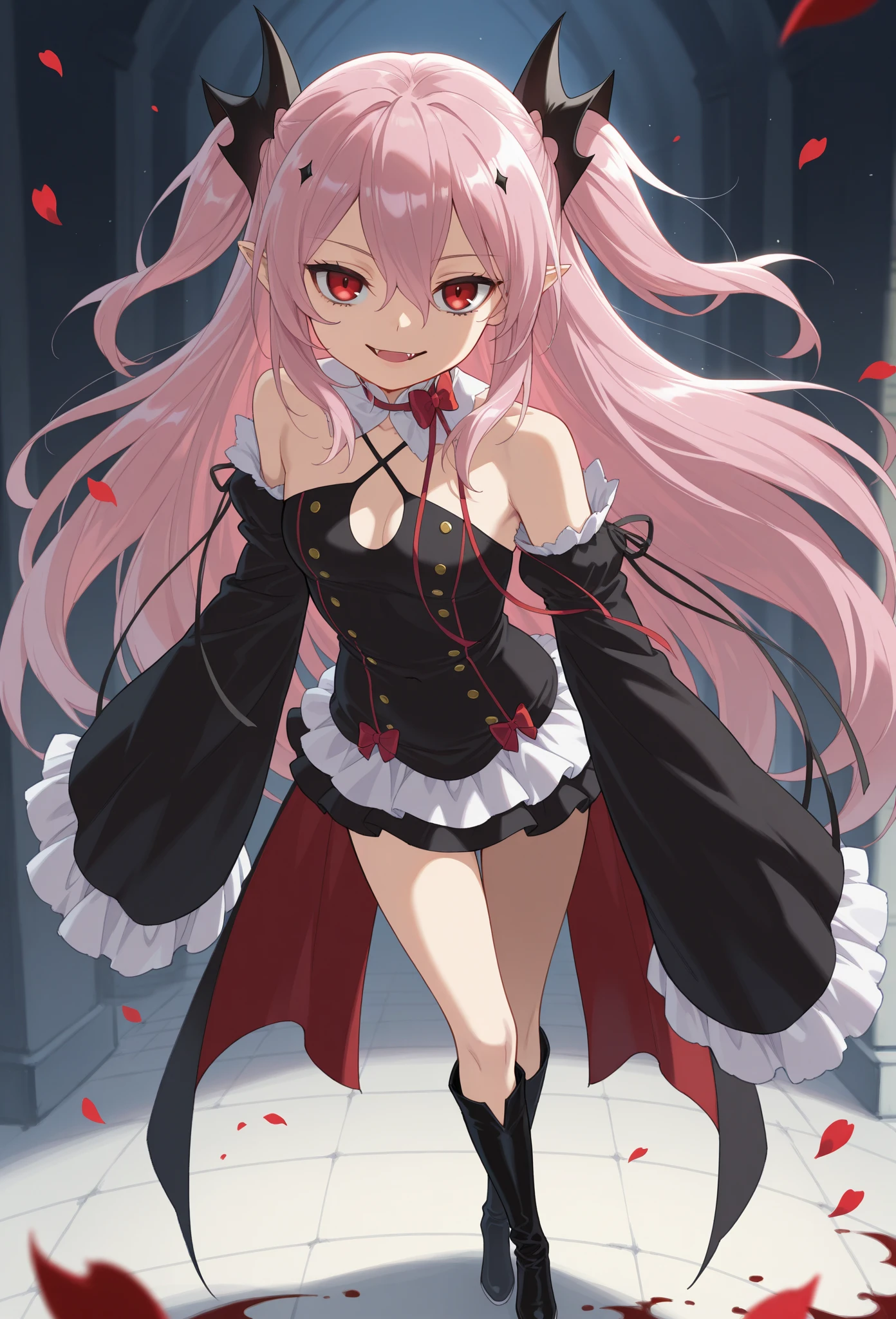 best quality, masterpiece, highres, solo, {tam_lin_tristan_fgo:1.15}, long_hair, pointy_ears, bangs, pink_hair, grey_eyes, sidelocks, breasts, jewelry, earrings, smile, tiara, 1girl, bare_shoulders, detached_collar, detached_sleeves, dress, frills, looking_at_viewer, red_dress, center_frills, open_mouth, medium_breasts, fangs, circlet