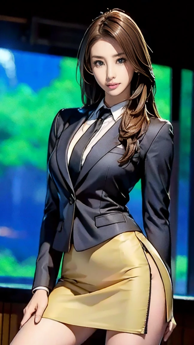 Photorealistic, high resolution, 1 Women, Hips up, Bigchest,Beautiful eyes, Hair with a purple gradient, ringed eyes, Collared shirt,a yellow tie,Purple skirt, pencil skirts, Fur coat