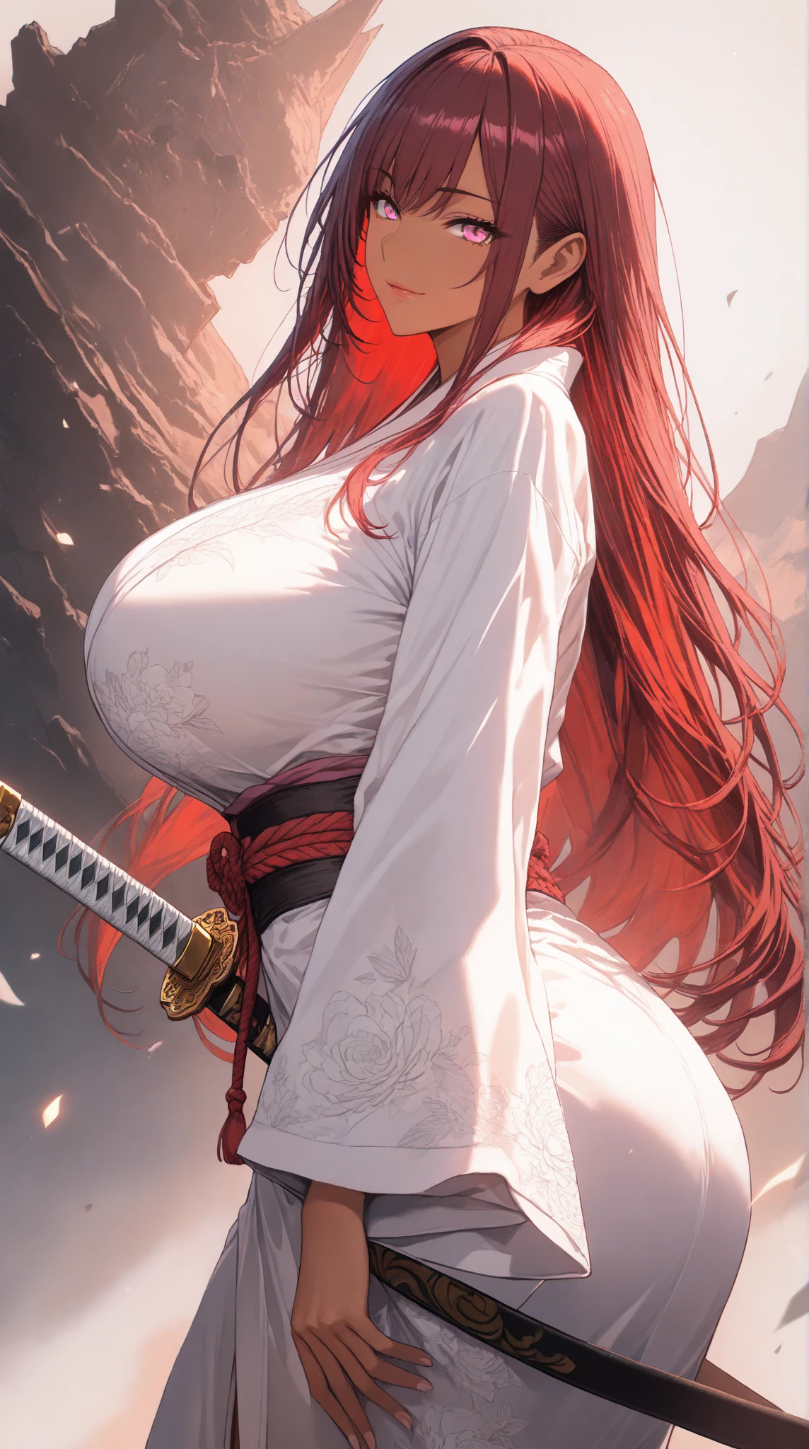 1girl, red hair, shoulder-length, detailed face, detailed eyes, detailed lips, japanese, large cleavage, brown costume, samurai shoulder armors, white sleeves, baggy sleeves, long fingernails