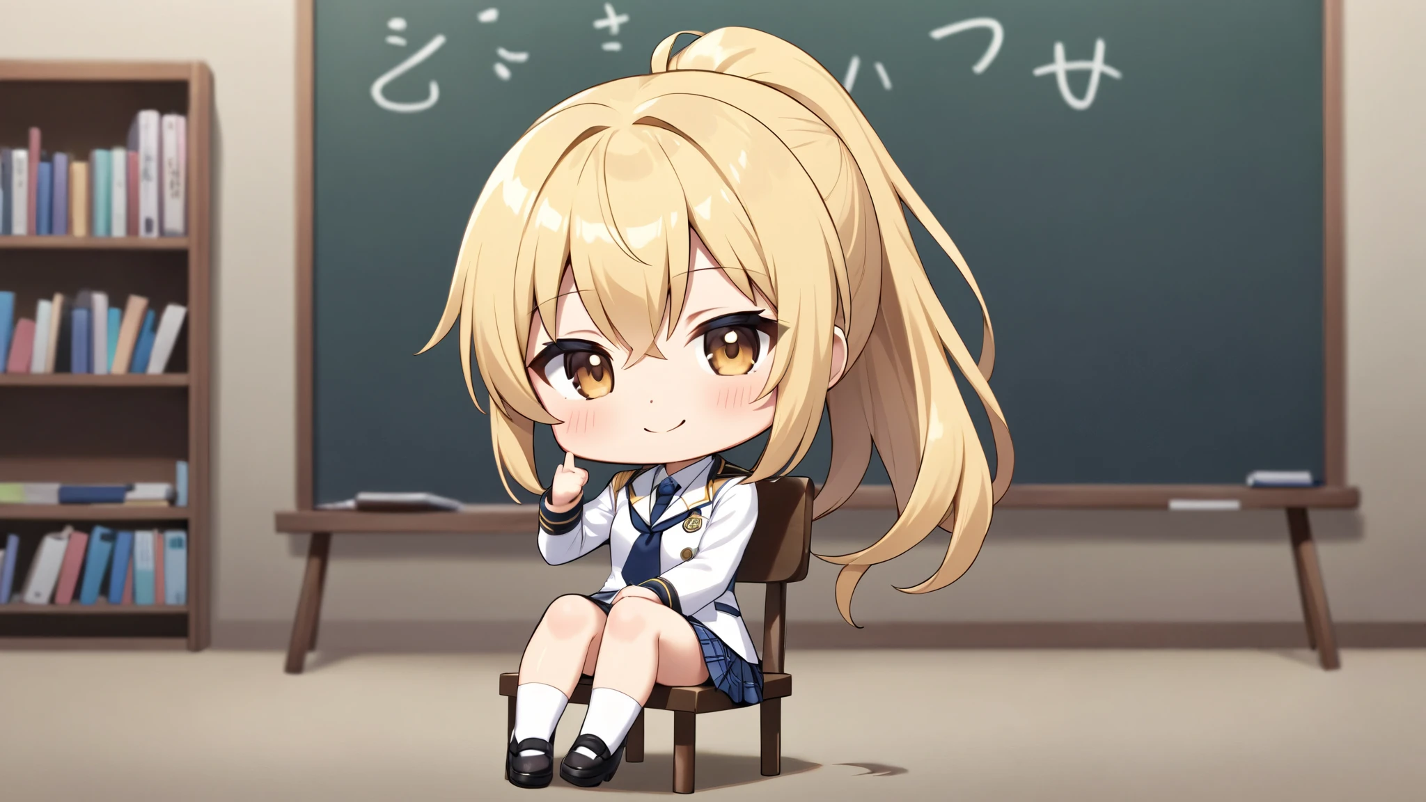 anime girl, Blonde Goddess, beautiful attractive anime female uniform, high school student, alone, from the front, ponytail, smile, chibi, is sitting holding her knees, One arm raised up