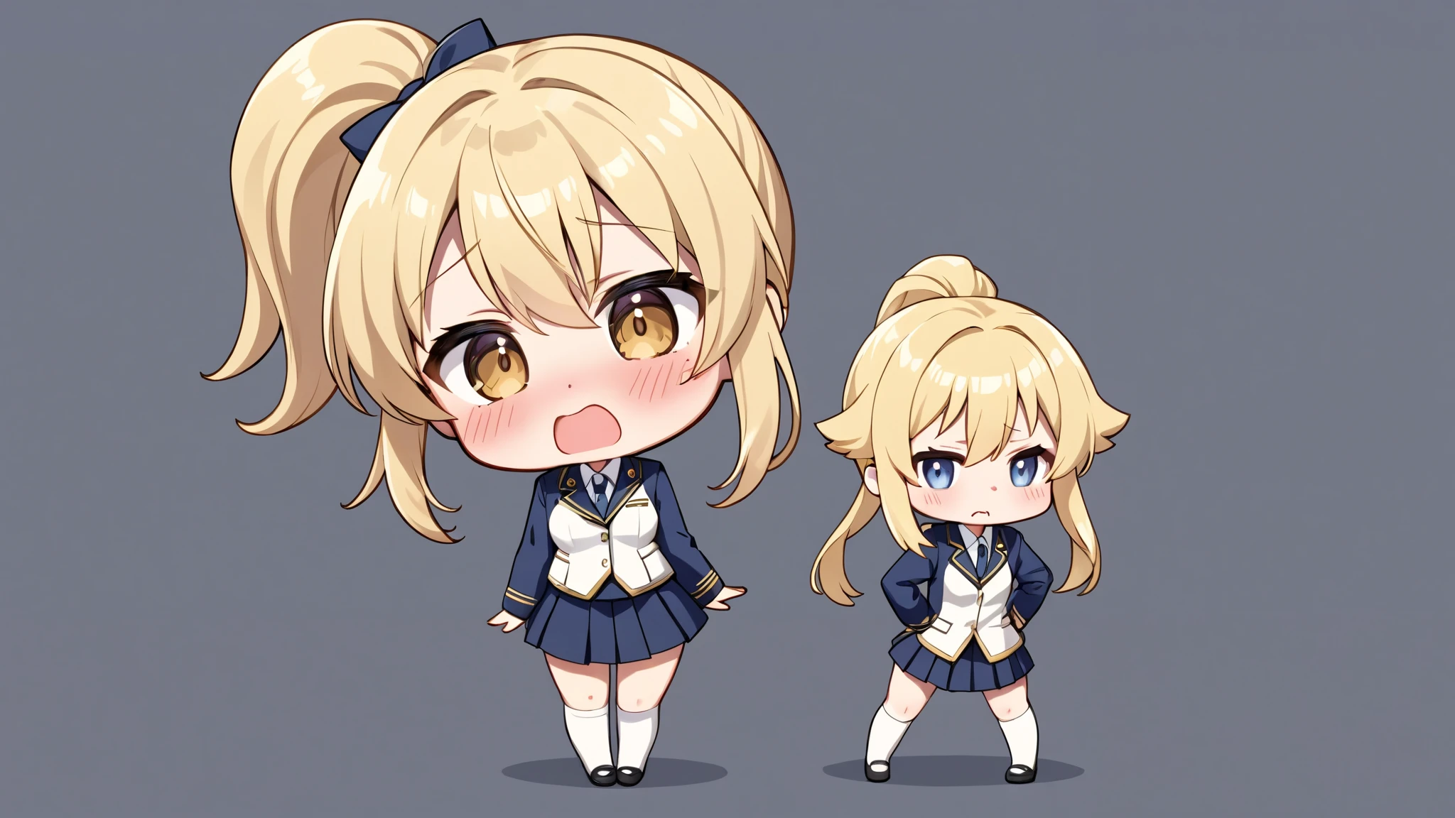 anime girl, Blonde Goddess, beautiful attractive anime female uniform, high school student, alone, from the front, ponytail, embarrassed expression, chibi, full body