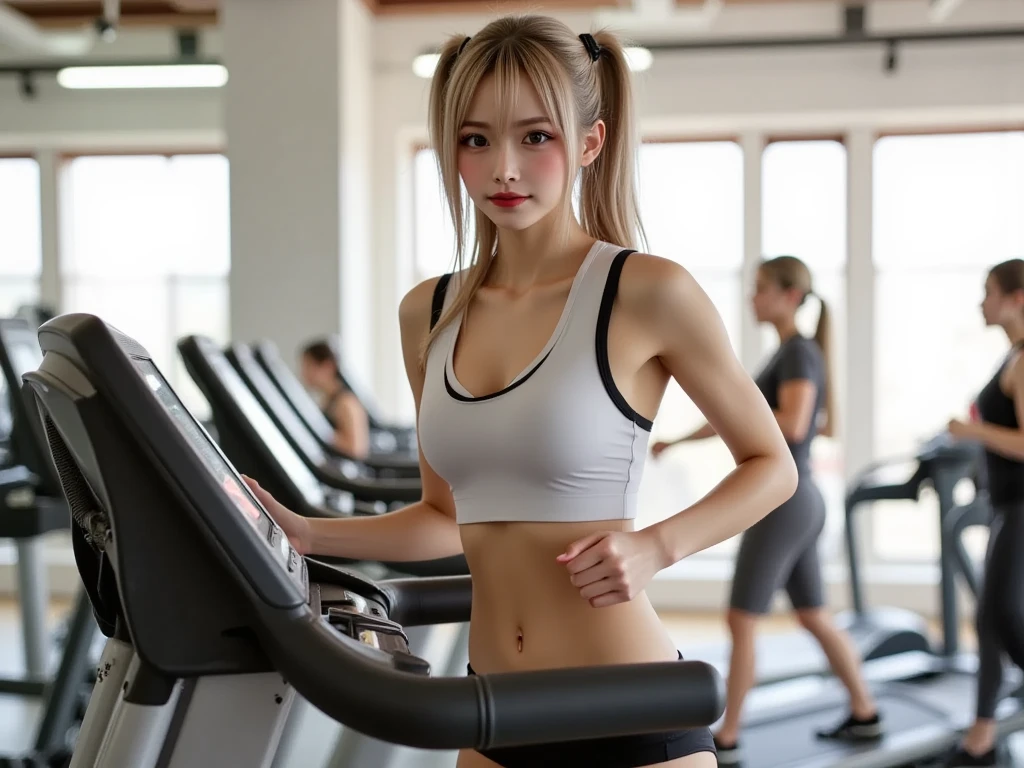 8K, masterpiece, Raw photo, highest quality, realistic, extremely detailed CG unity 8K wallpaper, Depth of the bounds written, cinematic light, Lens flare, ray tracing, (very beautiful face, beautiful lips, beautiful eyes), face with intricate details, ((highly detailed skin)) 1 girl, deep shadow, ((1 Japanese girl)), (very slim slender fit-muscled body:1.3), ((looking at the viewer)),(big smile:1.3),  (with no people in the background:1.3), beautiful earrings, bracelet, necklace, clear eyes, walk,front shot, (pale skin), (Big eyes), look forward, (full body shot), (brown hair),  (looking at the viewer:1.0), very slim,  thin thighs, turn back,big bust、((perfect style))、Long Hair、(shiny skin:1.5)、Big eyes、(showing his forehead)、gloss々skin of、色白skin of、big 、open the navel, (looking at the viewer:1.3),((large t-shirt、leggings)),、((1 person in a fitness club、Running on a treadmill))、((perfect style))、Long Hair、(shiny skin:1.5)、Big eyes、(showing his forehead),refreshing atmosphere、((sweating a little))