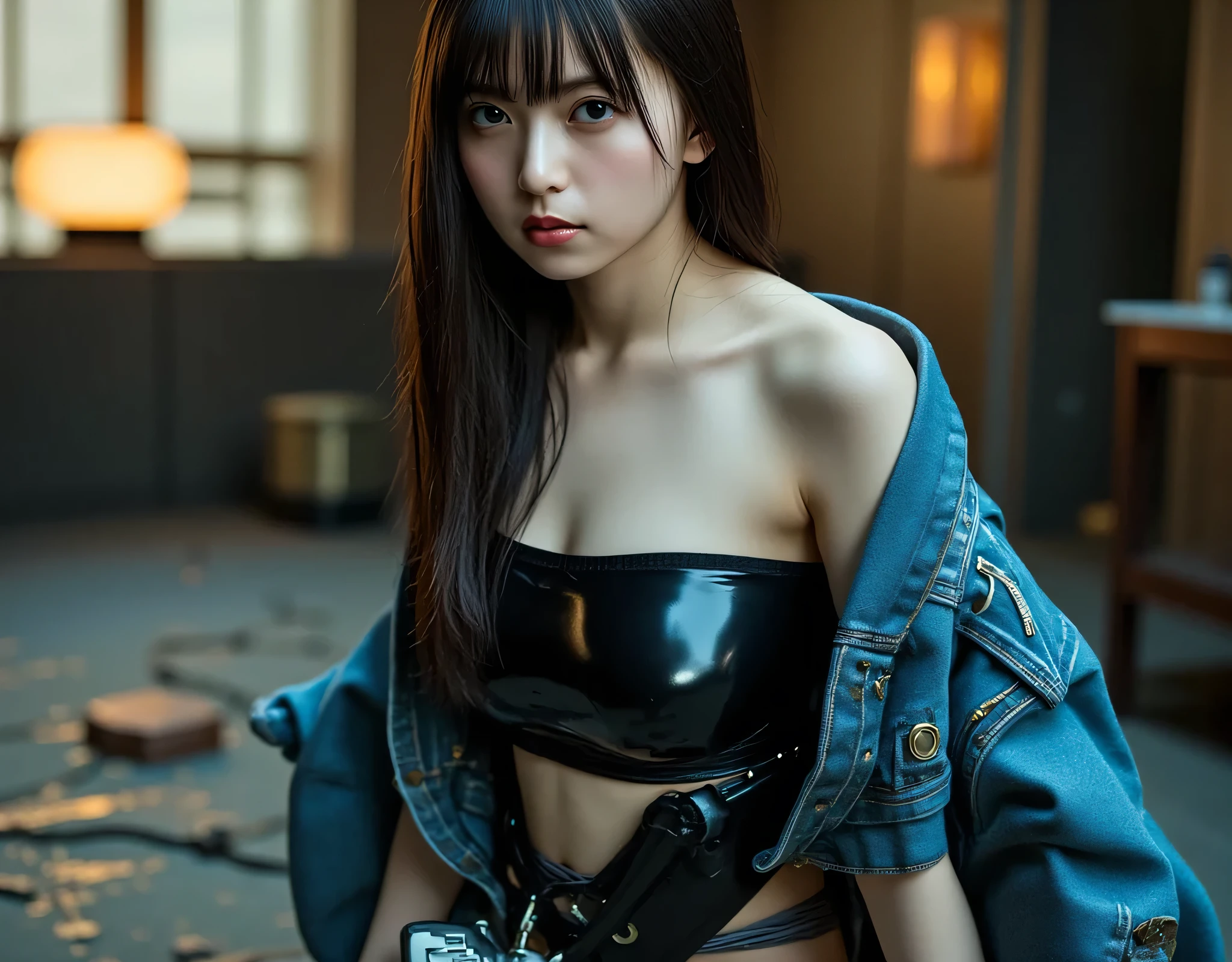 (((The dark interior of the Nostromo ship :2.0))),((( HR Gigger style cyberpunk atmosphere :2.0))),(((Fighting with a cyberpunk-style Japanese sword:2.0))),crouching,((full body:2.0)),One Woman,(Cute Face),(Beautiful well-balanced face ),((long hair with bangs:2.0)),( black hair:1.5),(beautiful eyes:1.3),a glamorous shot of a 20-year-old Japanese woman, Slender Beautiful Body ,((model body type:2.0)),(( slim body with hot water:1.7)),perfect body line,ideal proportions,((big breasts:2.0)),((F cup chest wearing:1.5)),Big Breasts,Bare thighs,sensual thighs seen from below the crowd,delicate body,( Muscular:1.7),A harmonious posture,((Realistic breast depiction :1.7)),carefully depicting limbs based on perfect anatomy,((futuristic samurai style black super high leg leotard:1.5)),((Fitted Camy-Style Latex Ultra High Leg Leotard:1.5)),((Military Coat Style Denim Jacket with Open Front Over Leotard:2.0)),(ear monitor:1.5),((Tactical Holster:1.5)),(gloves:1.3),Concept Art,(top quality:1.5),(masterpiece:1.5),(Ultra-high resolution),resolution,UHD,(Delicate Description), carefully drawn with butterfly wings ,32K,((realistic skin texture:1.5)),((( super realistic :1.5))),carefully draw eyelashes,Highly Detailed Faces,Highly detailed female hand, Sexy appearance ,very sensual,(Blurry Dim Backgrounds :1.5),professional photo shoot,(movie light:2.0),((Blade Runner-style lighting:2.0))