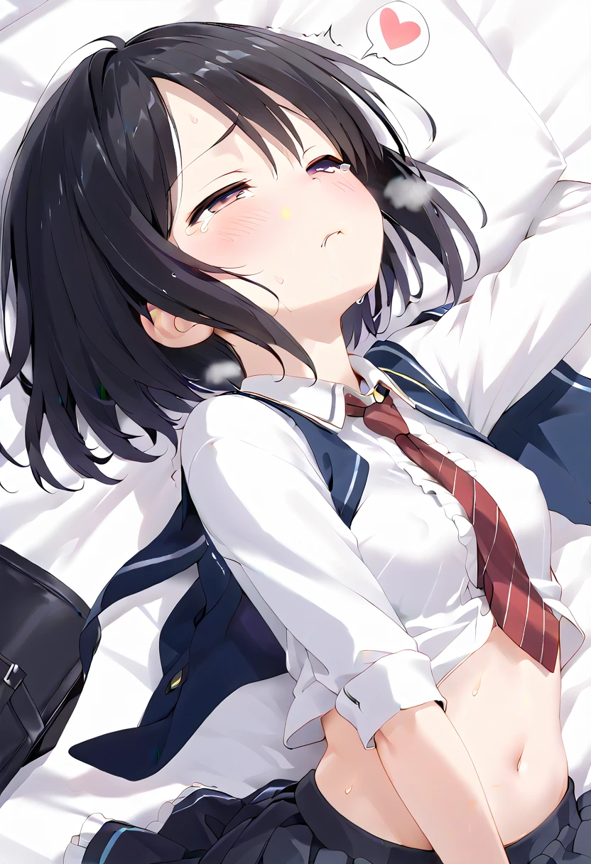 1girl, solo, thin, nakahara_misaki, bob cut, short hair, black hair, small breast, pussy clitoris, bottomless, Girls sprout of pubic hair, grool, dripping white grool from vagina hole
BREAK necktie, shirt, black shirt, plaid, plaid necktie, jacket, long sleeves, plaid skirt, pleated skirt, collared shirt, blazer, ribbon, white jacket, black ribbon,hair ribbon, grey necktie, buttons, 
BREAK looking at viewer, upper body, blush, embarrassed, open mouth, wince, light smile, (orgasm:1.2), 
BREAK indoors, bedroom, pillow, (Lying, Lying on bed), (wide spread legs), 
BREAK (masterpiece:1.2), best quality, high resolution, (beautiful detailed eyes:1.2), extremely detailed face, extremely detailed CG, (perfect hands, perfect anatomy), 