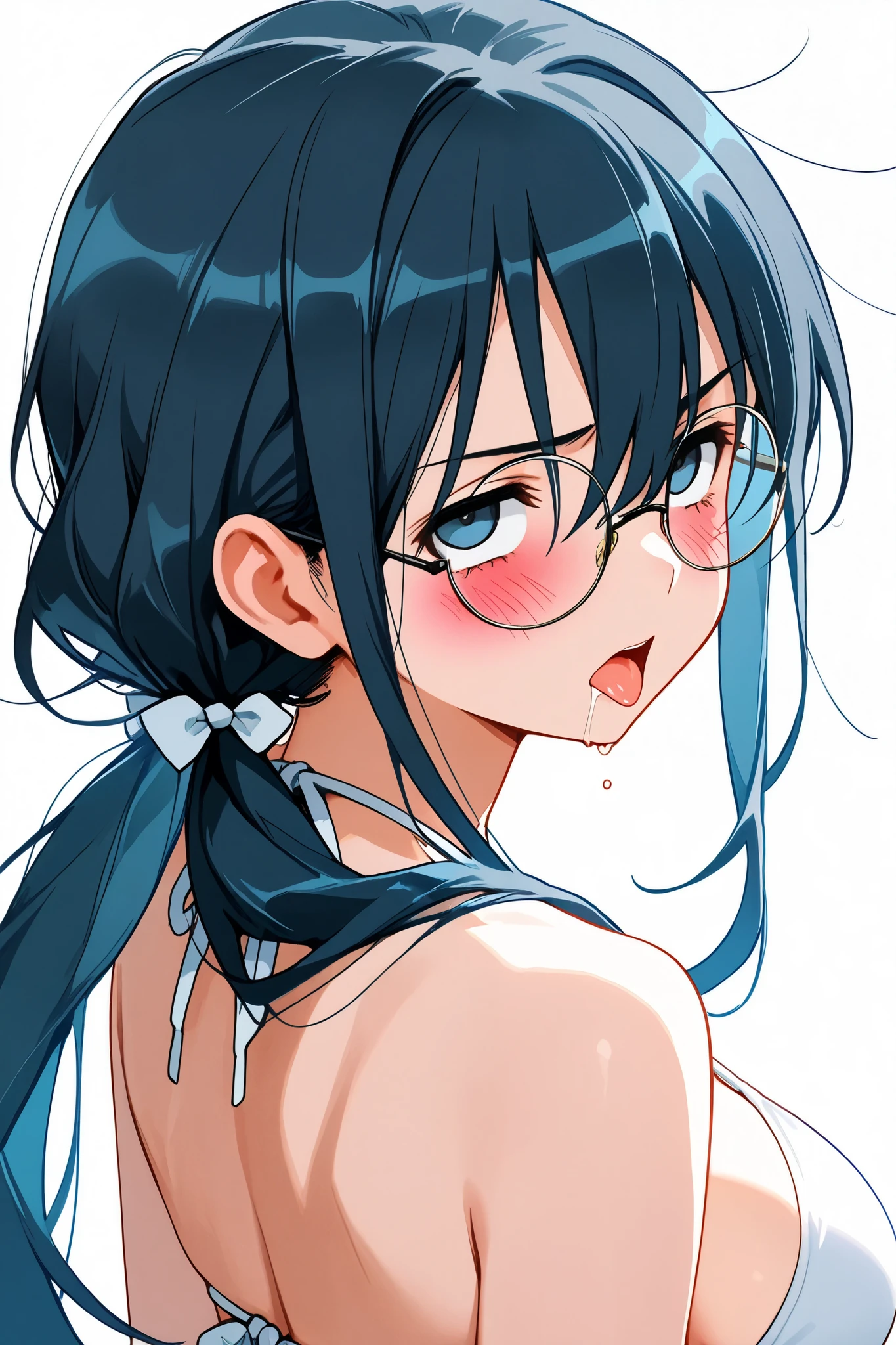 china,saori_makishima,1 female,solo,
looking at viewer,anime,
black hair,low twintails,blue hair,long hair,
half updo,hair between eyes,sleepy eyes,
blue eyes,round glasses,
white background,look side,long,
upper body,from behind,
White bikini,large breast,
angry,blushing,drooling,tearful eyes,
rolling eyes,open mouth,tongue out,
Highest quality,masterpiece,high image quality