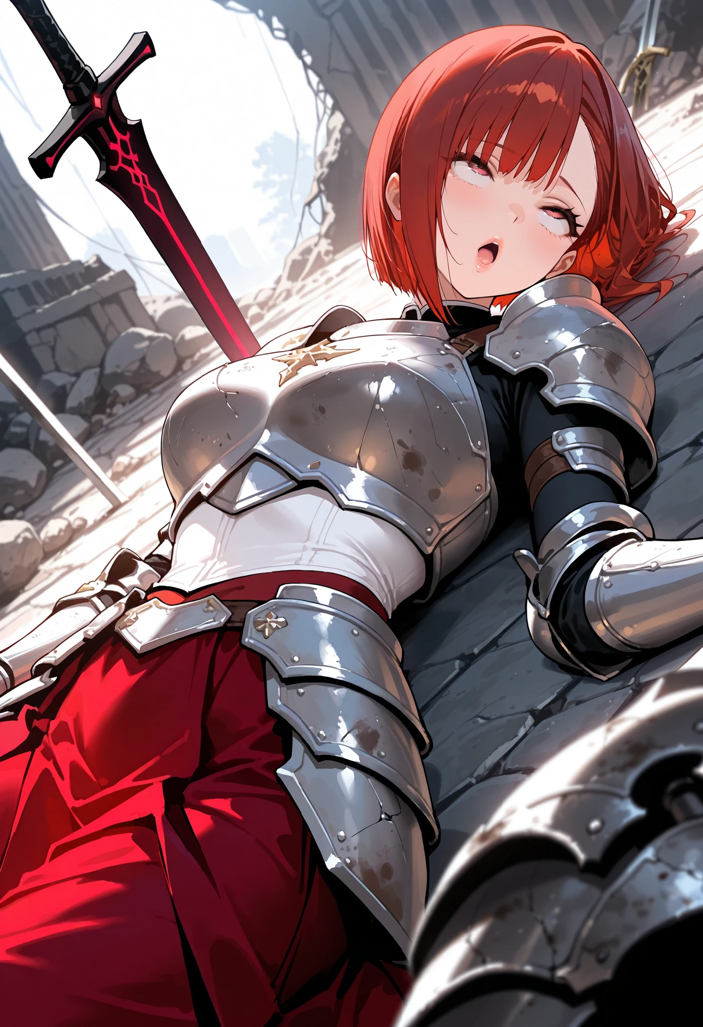 1girl ,rolling eyes,open mouth, Fainting,eyelashes,lips gloss,, red hair,inverted bob, straight hair,asymmetrical bangs, female swordmaster, red skirt, white bustier, gauntlets,, lying on floor , ascii art, sword, planted sword,luminous dress armor, cracked armor ,dirty armor,dirty clothes ,neon aura, high contrast,dutch angle,ruins,,,(masterpiece), (best quality), (ultra-detailed), very aesthetic, newest,,depth of field,general,