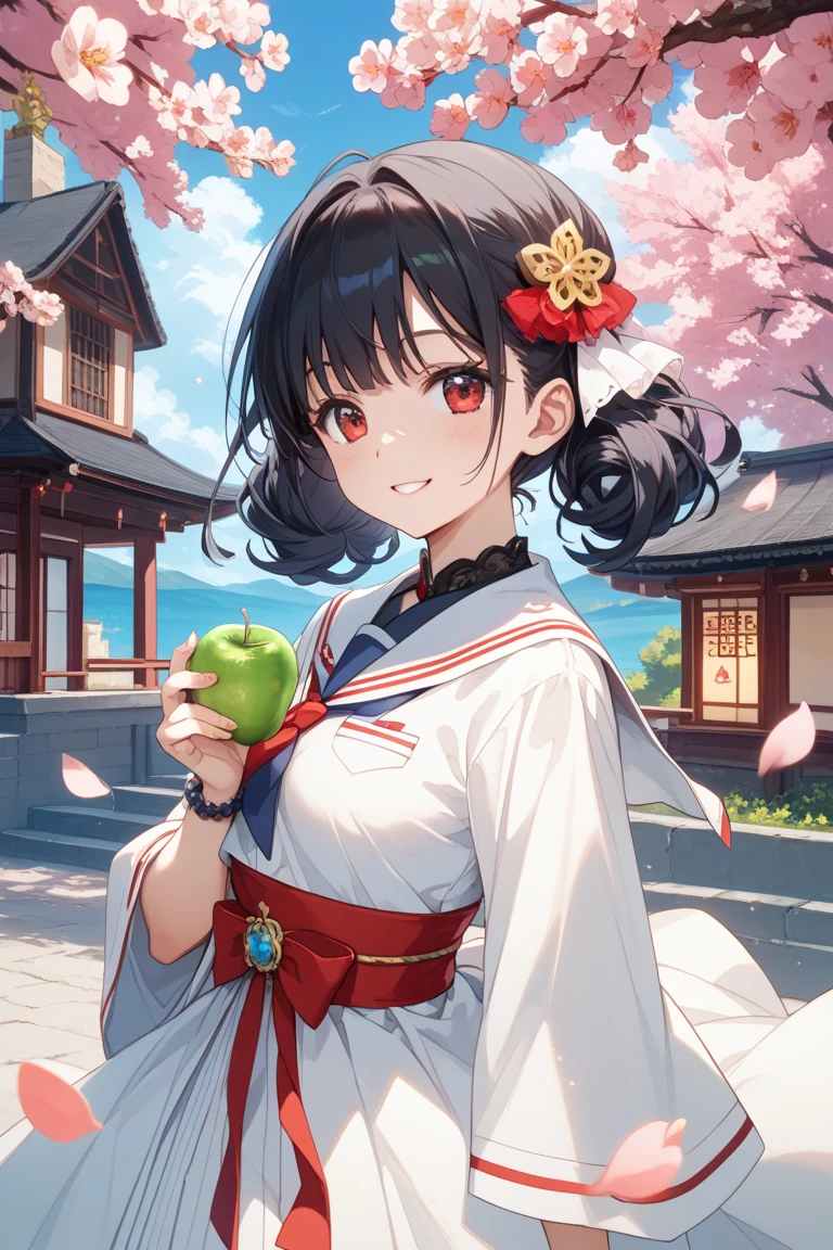 Create an anime-style illustration featuring a large, ripe watermelon placed on a woven mat. Include a traditional Japanese wind chime with a red stripe hanging above the watermelon, and next to it, place a small white and blue Japanese Daruma doll with one eye painted in. The background should have a bamboo screen partition to enhance the Japanese summer aesthetic.
