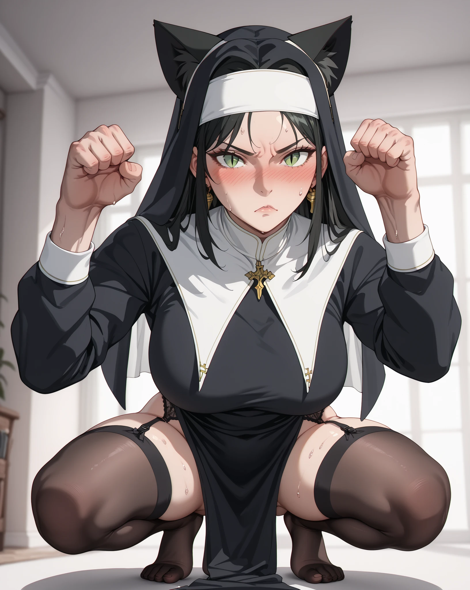 Accurate, precise image, Full body, hi-res, high quality, detailed scene,(gorgeous, sexy, most irresistible woman,short legs, mature brunette nun 60 y-o, some aging, grey streak in her hair, Nice booty, legs,hips,waist), (tied to wall), ((show a devil is pinching her sides, squeezing her torso, tickling her1.4)), ((tickled, tickling, ticklish1.3,)), she is laughing, excited, eyes closed, tickle torture, bdsm
