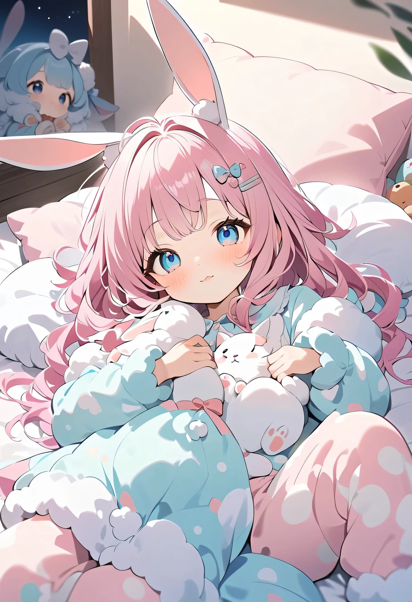 top quality、High Resolution、(high image quality during sick leave:1.4)、masterpiece、Detailed Background、(Highly Detailed Faces:1.3)、detailed eyes、age beauty、(Normal number of fingers:1.2)、anatomically correct、Bedtime at night、
(with rabbit ears Pastel colored fluffy pajamas:1.5)、
gently push your cheeks with both hands、cat sleeping curled up and sleeping in a circle and a puppy in a dream、
girl sleeps in a daze、small yawn and rub your eyes、A girl in fluffy pajamas poses on the bed {x} sleeps happily surrounded by fluffy animals while making small tweets saying good night、
girl poses with a dove while hugging a stuffed animal、fluffy room socks with small ribbons、loose wave、small hair clip、stuffed animal with bear and cat、cute