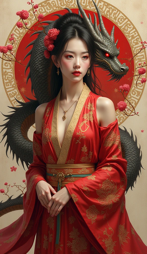 A close-up of a woman in a dress with a dragon, fire dress, intriguing suit, chinese dress, sexy dress, succubus in short tight dress, open dress, intricate dress, cheongsam, intricate fantasy dress, elegant and revealing dress, Open V chest clothing, dress made of fire, dragon girl, dragon body, detailed dress, fantasy dress