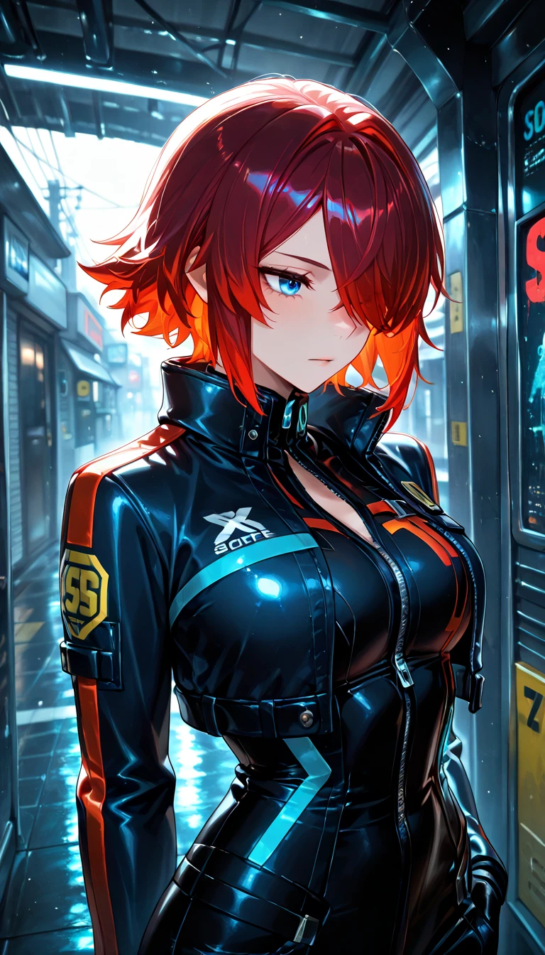 masterpiece, best quality, illustration, cyberpunk, neon city, 1girl, cowboy shot, skinny, detailed messy medium orange hair, sidelocks, red eyes, :d, oversized red bomber jacket, black bodysuit, gloves