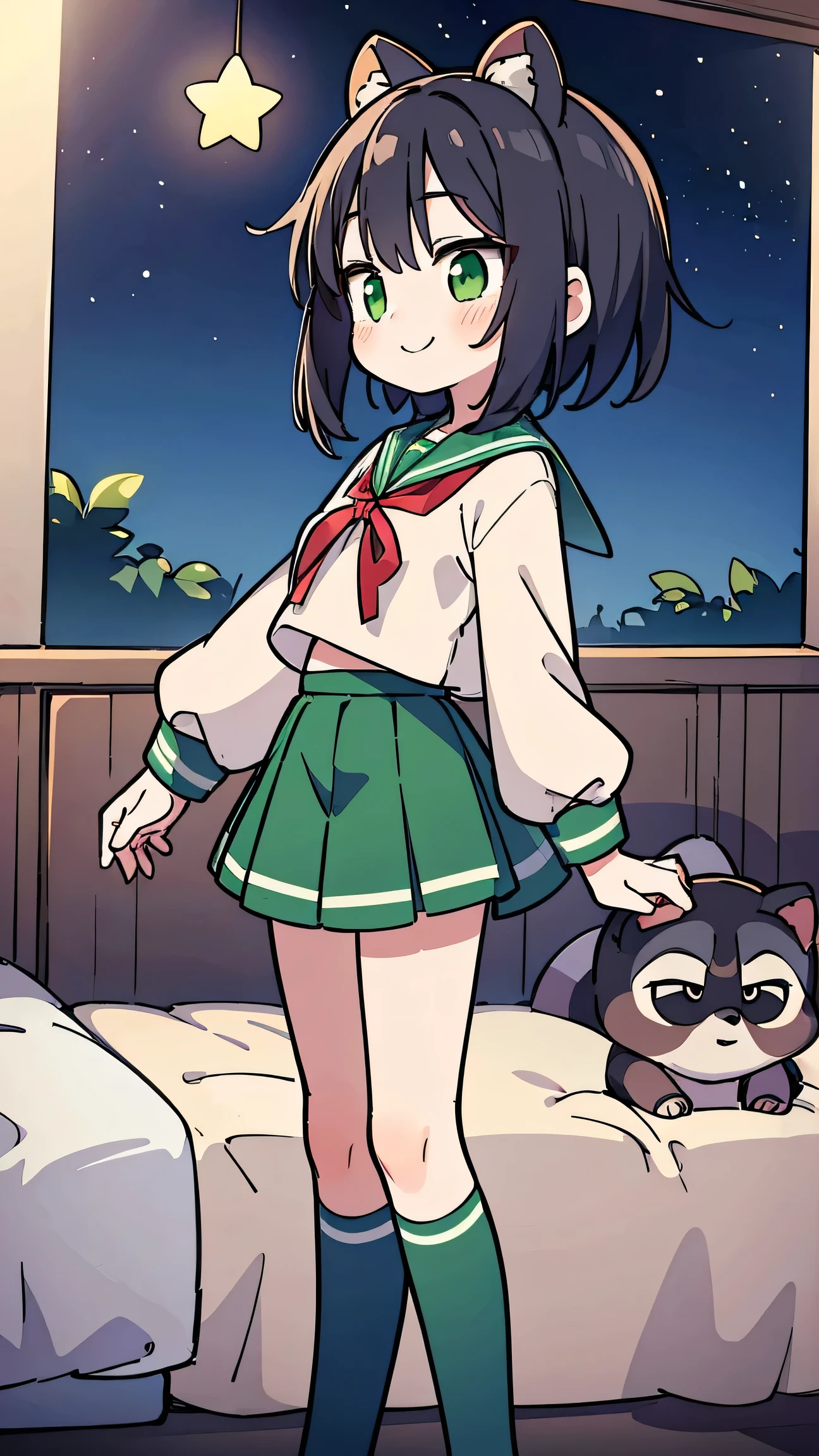 anime style、 woman、 Raccoon Ears、Raccoon Tail、 black hair、 green eyes、 short hair、 Green Sailor Suit、red ribbon、long skirt、knee-high、in bed looking up at the sky、 star、Profile、smile、is standing、 Compa