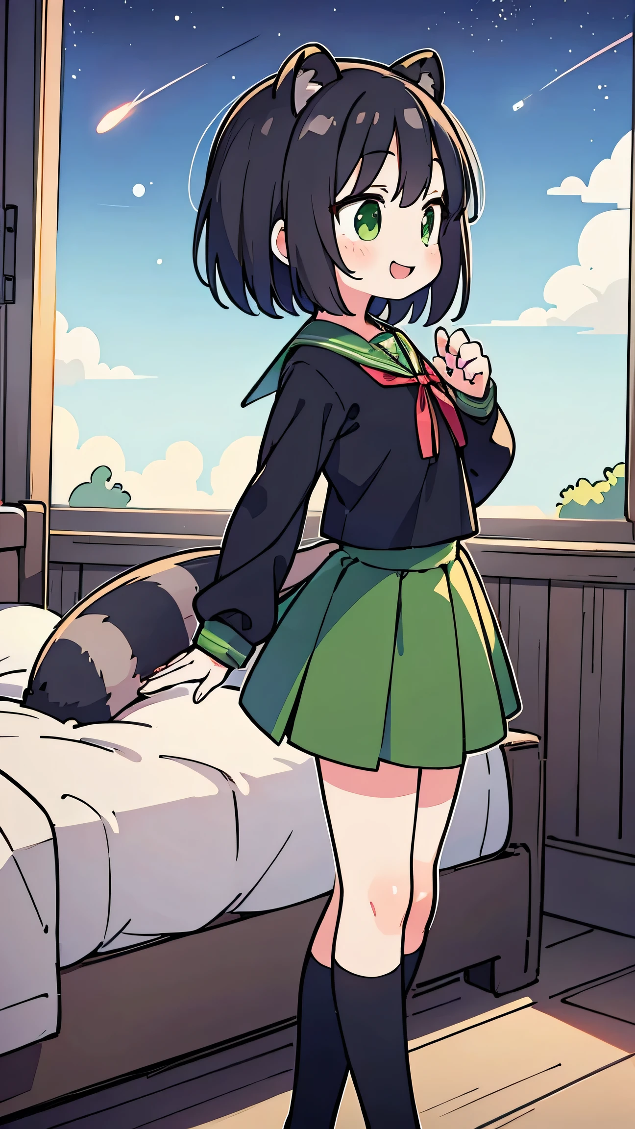      anime style、  woman、 Raccoon Ears、Raccoon Tail、 black hair、  green eyes、 short hair、 Green Sailor Suit、red ribbon、long skirt、knee-high、in bed looking up at the sky、 star、Profile、smile、is standing、 Compa
