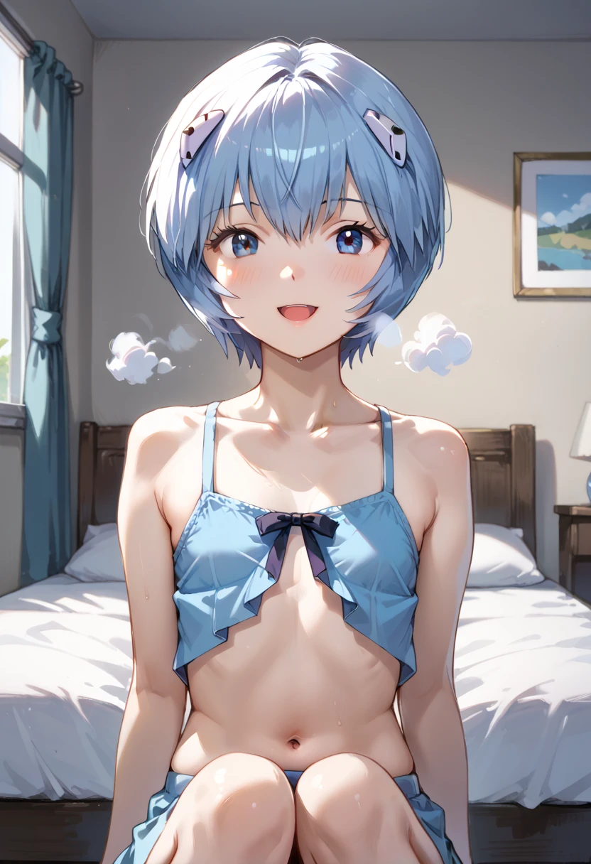 beautiful, masterpiece, Highest quality, anime, One girl, C Cup,Portrait Shot, View your viewers, Covered、Short Hair、nearby、Blue Eyes、art、、White hair,Blue streaked hair、wallpaper、hairpin、Cute smile、Thighs、Cute、bra、Panties、nude