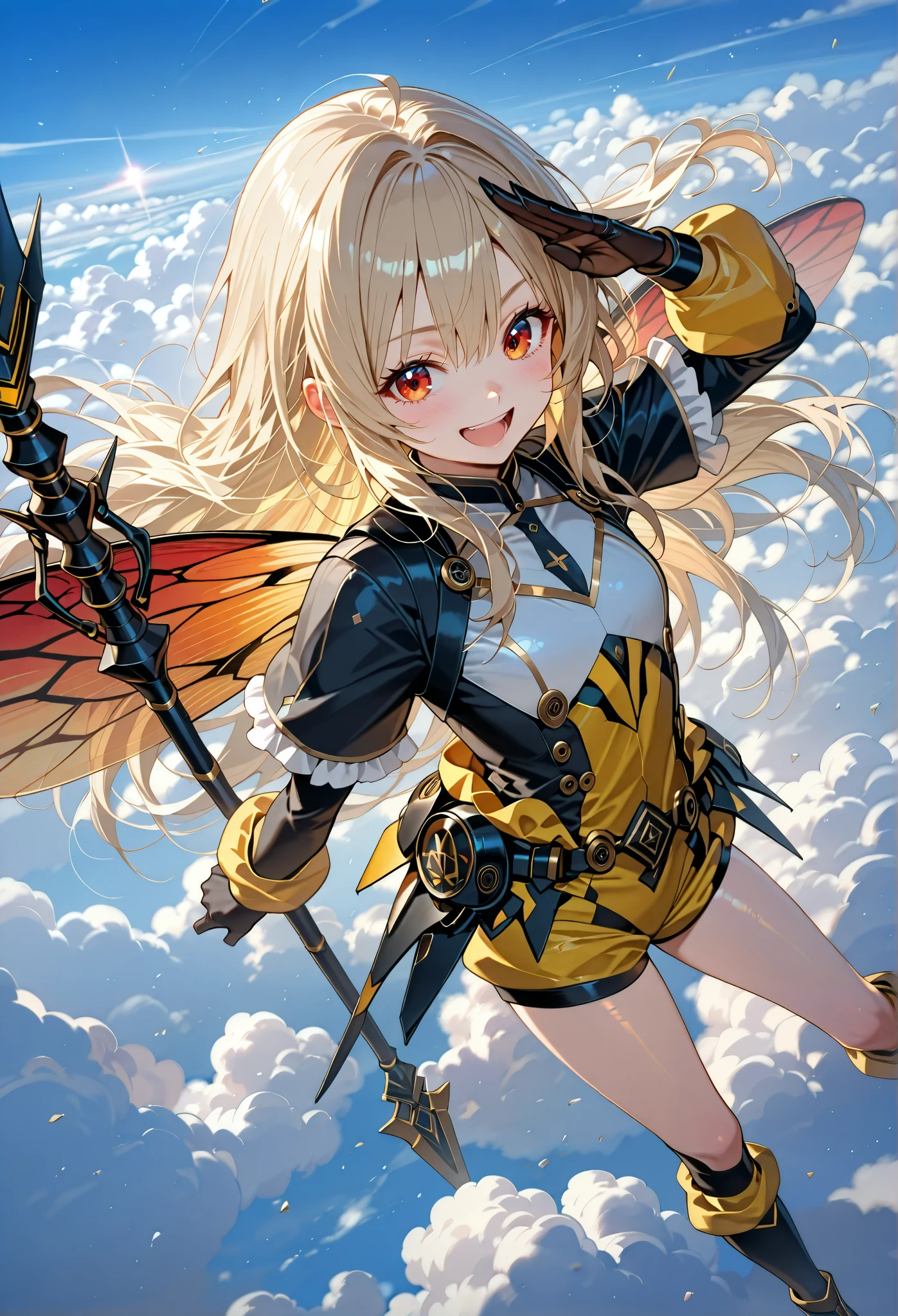 view from above,Beautiful girl cosplaying as a bee,(:0.3),blonde long hair,laughing,thin,holding a large, weaponized, honey-colored, spear or wing-like structure. The woman's attire consists of a form-fitting, bright yellow bodysuit with black accents, resembling a stylized insect-like costume. long socks. Exposed thighs,frilled body suit,military style,The background features a light-blue sky dotted with fluffy white clouds,looking at viewer,salute