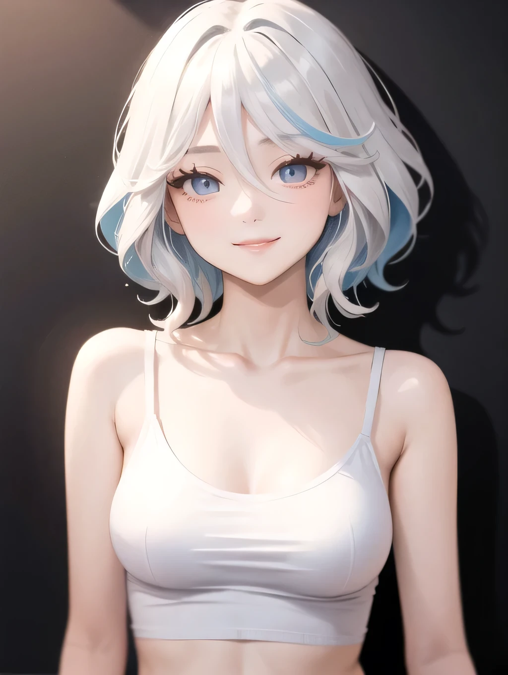 ((best quality)), ((masterpiece)), (detailed), perfect face. Asian girl. Smile. White hair. tanktop. Small breast. Cleavage. Short pants.