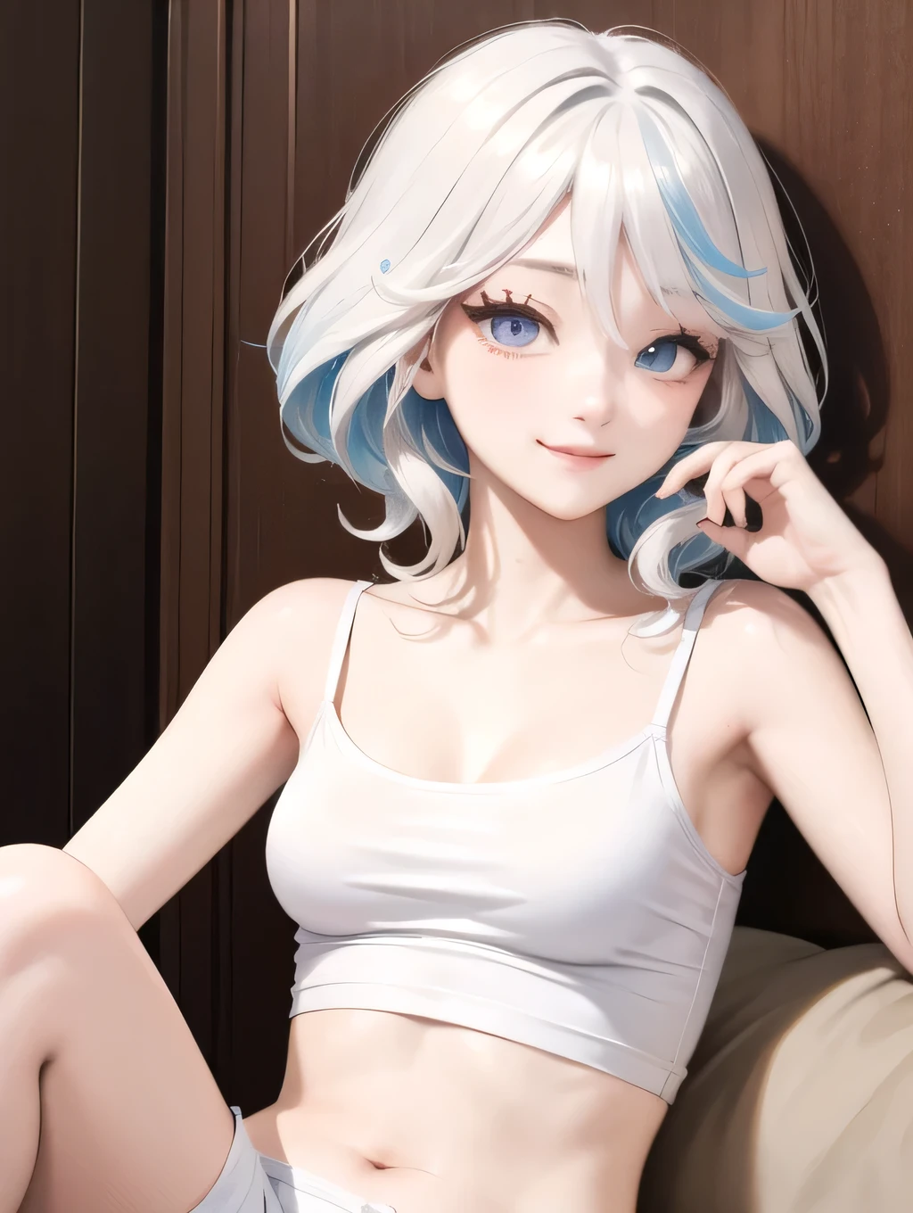 ((best quality)), ((masterpiece)), (detailed), perfect face. Asian girl. Smile. White hair. tanktop. Small breast. Cleavage. Short pants.