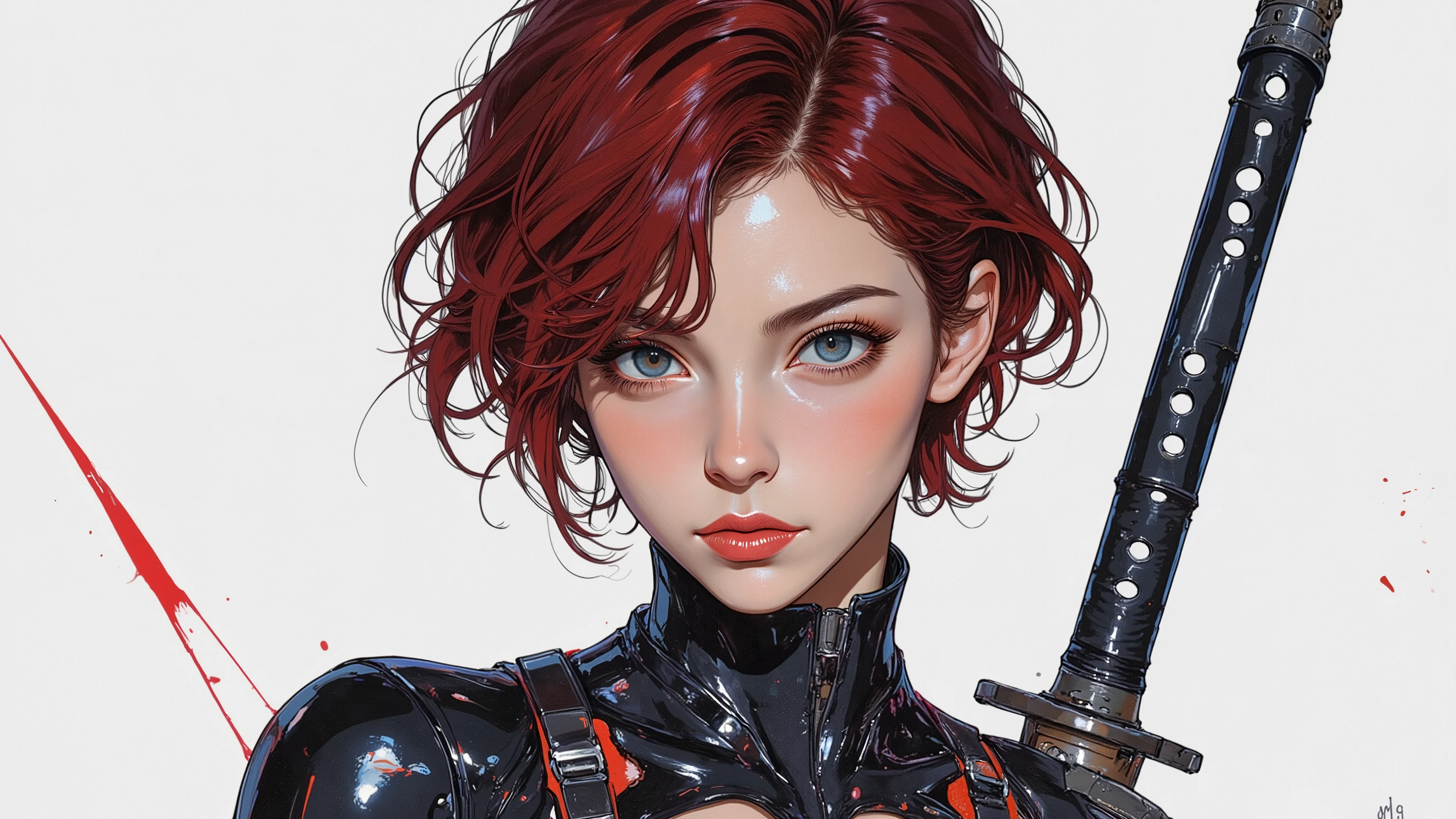A high-resolution digital painting of a **futuristic female ninja assassin** standing with quiet intensity. She wears a **sleek, form-fitting bodysuit** with a **simple yet highly functional design**, featuring **smooth lines** and **subtle armored details** that enhance her agility. Her face is striking, with a **prominent aquiline nose, piercing blue eyes, and wavy, very short red hair** framing her sharp, focused expression. The **background is minimalistic**, ensuring the focus remains on her poised and lethal presence. The composition exudes a sense of **stealth, precision, and futuristic elegance**, making it suitable for **sci-fi character design or cyberpunk concept art**.  