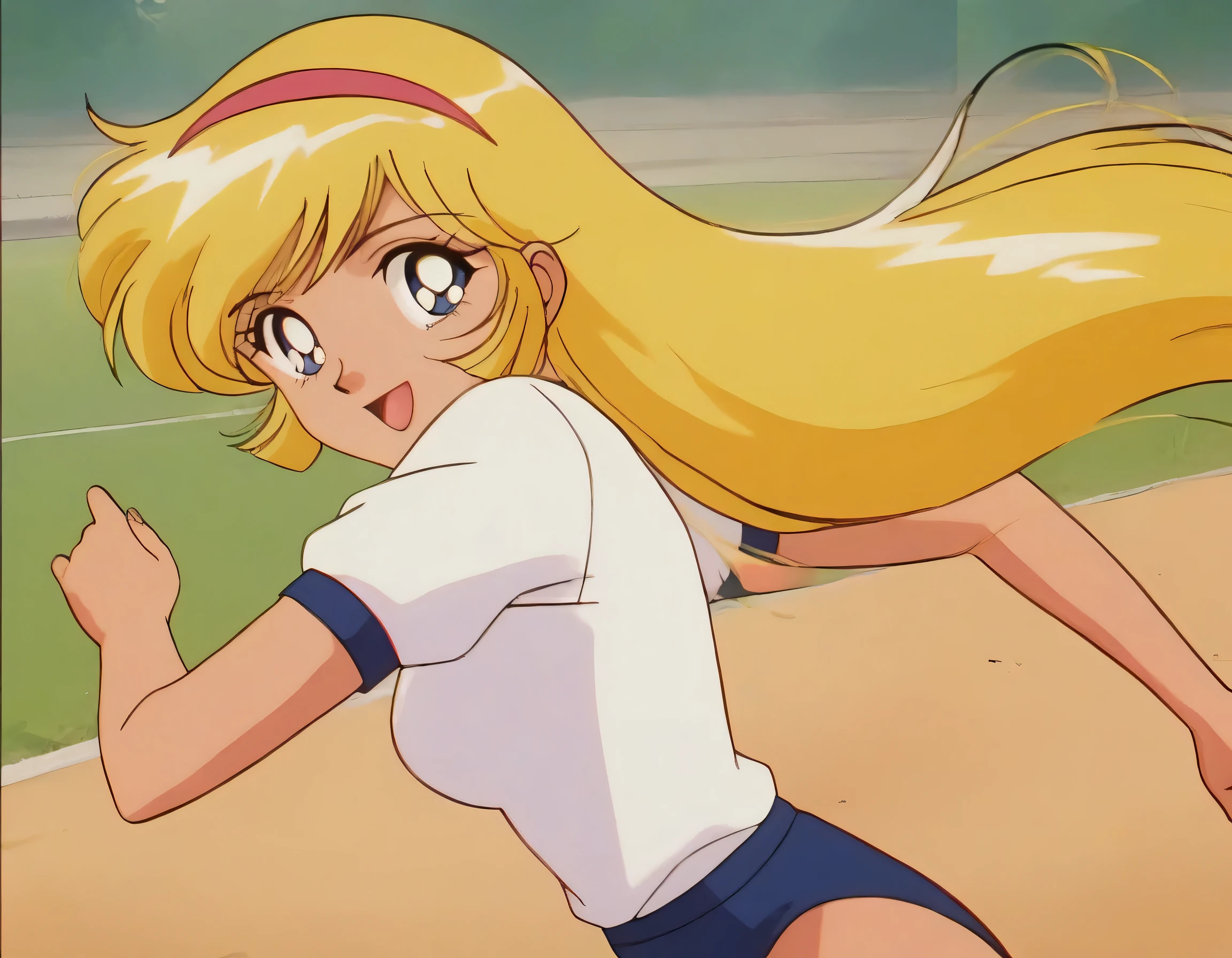 masterpiece,best quality,very aesthetic,highres, KisaragiHoney, 1girl, solo, blonde hair, long hair, blue eyes,smile,medium breasts, hairband,((white shirt)),navy buruma,((running)),outdoor, looking at viewer,cowboy shot,retro artstyle, anime coloring,