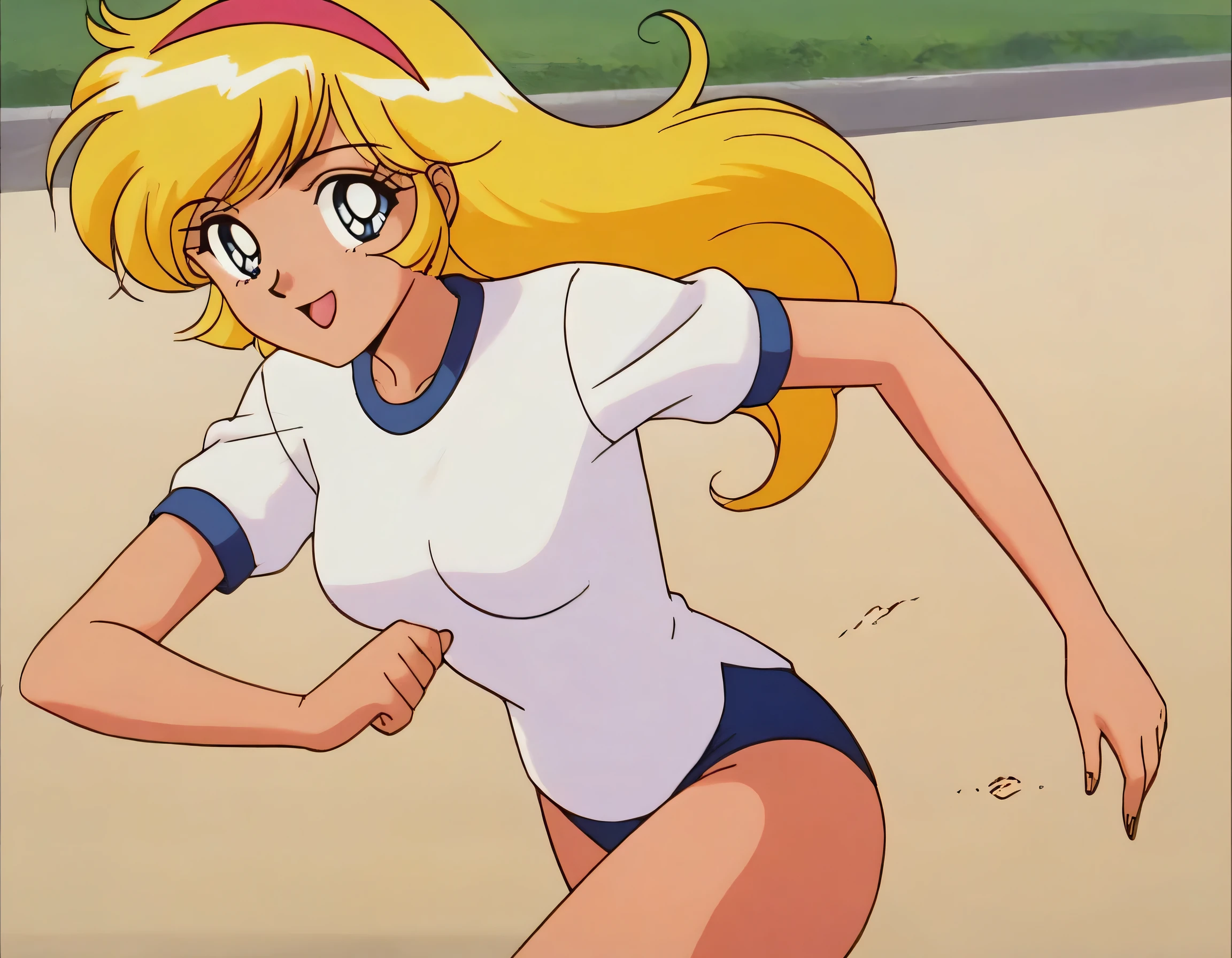 masterpiece,best quality,very aesthetic,highres, KisaragiHoney, 1girl, solo, blonde hair, long hair, blue eyes,smile,medium breasts, hairband,((white shirt)),navy buruma,((running)),outdoor, looking at viewer,cowboy shot,retro artstyle, anime coloring,
