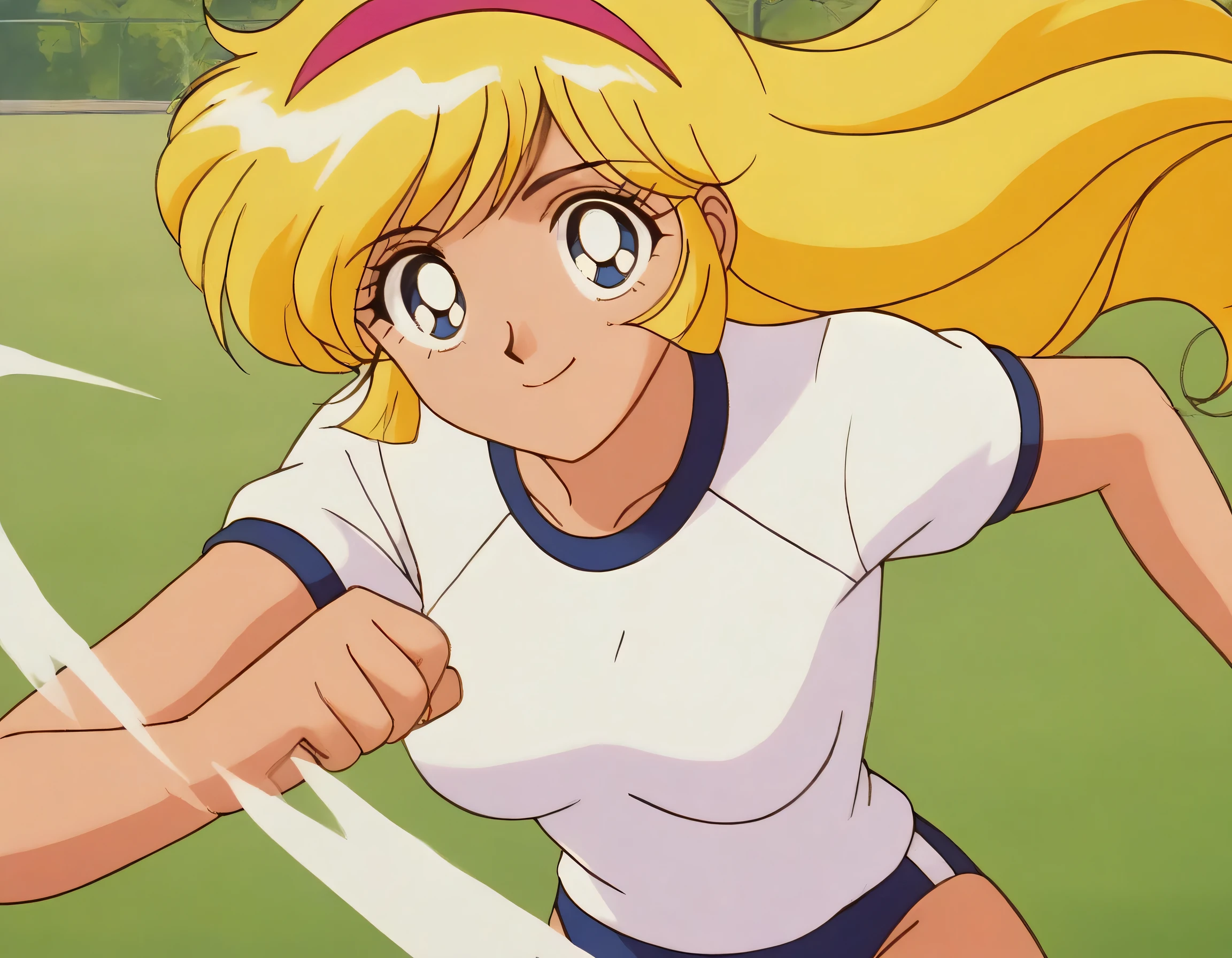 masterpiece,best quality,very aesthetic,highres, KisaragiHoney, 1girl, solo, blonde hair, long hair, blue eyes,smile,medium breasts, hairband,((white shirt)),navy buruma,((running)),outdoor, looking at viewer,cowboy shot,retro artstyle, anime coloring,