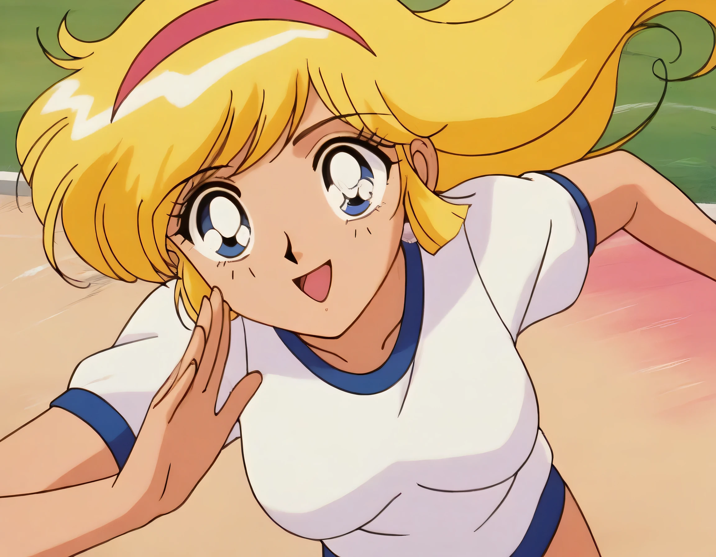 masterpiece,best quality,very aesthetic,highres, KisaragiHoney, 1girl, solo, blonde hair, long hair, blue eyes,smile,medium breasts, hairband,((white shirt)),navy buruma,((running)),outdoor, looking at viewer,cowboy shot,retro artstyle, anime coloring,