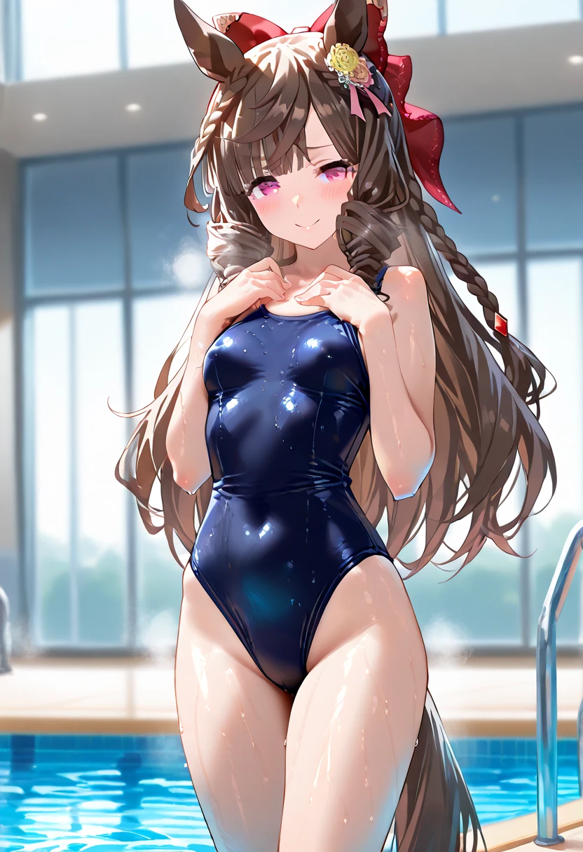 masterpiece, best quality, detailed, highly detailed, ultra detailed, extremely detailed CG, high resolution, 4K, 1girl, solo, aston machan \(umamusume\), big breasts, standing, from below, school swimsuits, wet, cameltoe,