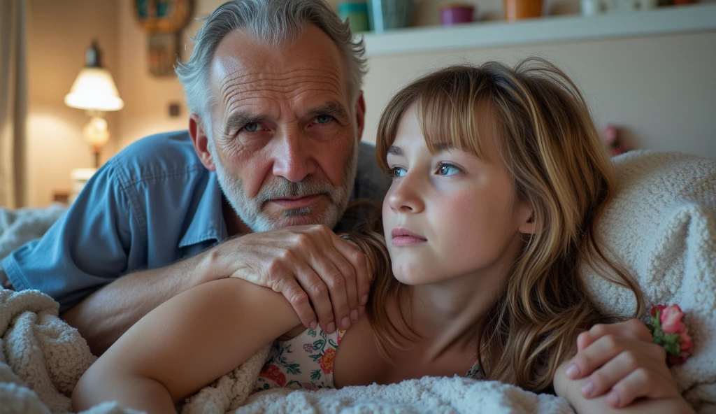 a 90-year-old man and a girl with 10-year pain in bed 