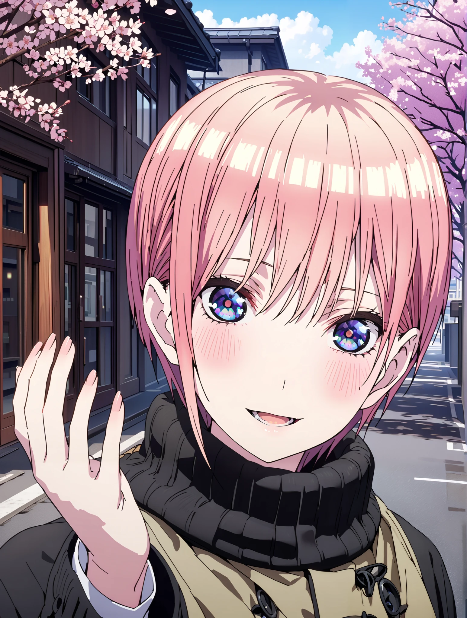 Nakano Ichika, short hair, bungs, blue eyes, Alone,Between the eyebrows, pink hair near MM, smile,blush,open your mouth,duffle coat,The front is empty,oversized turtleneck sweater,Black Pantyhose,Short Boots,walking,cherry blossoms,School building,full bodyがillustration for both eyesに入るように,break outdoors, Around town,
break looking at viewer,full body,
break (masterpiece:1.2), top quality, High Resolution,  Unity 8K Wallpaper , (illustration for both eyes:0.8), (beautiful detailed eyes every time I look to the side:1.6), Highly Detailed Faces,  perfect lighting, extremely detailed CG, (PERFECT HAND, perfect anatomy),full body写真,