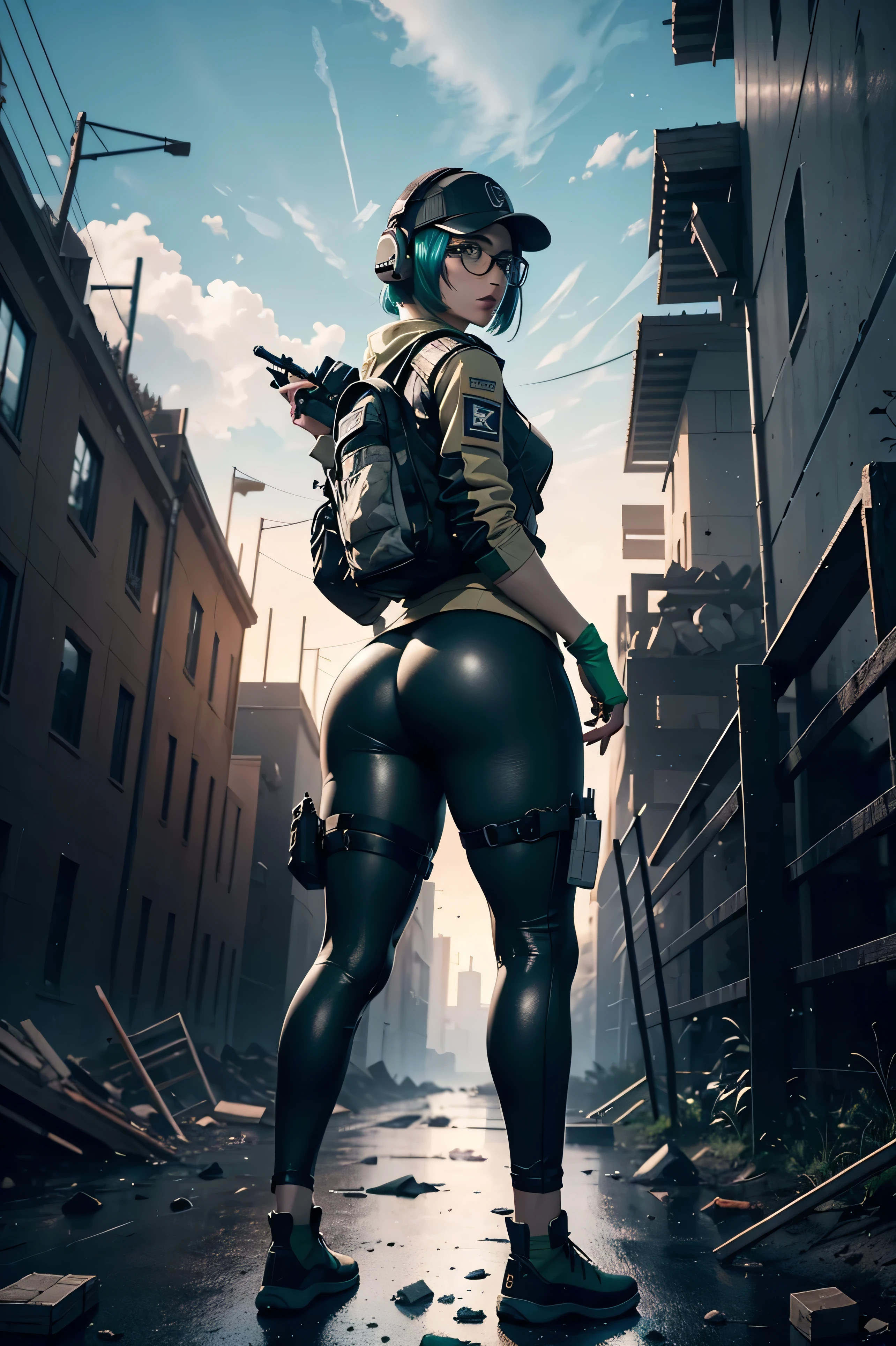 8K image has (Rainbow Six Siege)
, Hide, Alone, Green hair, suitcase ظهر, shoes, has , glasses, glasses on headwear, has , look at scenes, jacket, Swamp , suitcase, short hair , Headphones, blue eyes, Hide jacket, gloves, suitcase الخصر, Swamp down, thigh suitcase الخصر, wireless antenna, Military, Headphoness, To say)), piercing eyes, look at scenes, dynamic mode , ((building site background الضخمة :1.0), get stuck looking back, ( huge ass :1.4)
, best quality, (Very realistic:1.2), look at scenes, . The film's grains , construction site scene, building site background, ruins, low angle
, Dark scene , edge lighting , two-color lighting, dimly lit, Low-level HDR,