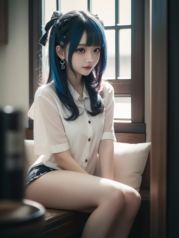 One woman()、Shyly smiling、Long, blue hair、Thin glasses、White clothes、See-through shirt、ribbon、Short pleated skirt、Pink underwear、loose socks、Inside a skyscraper office at night、Spread your legs