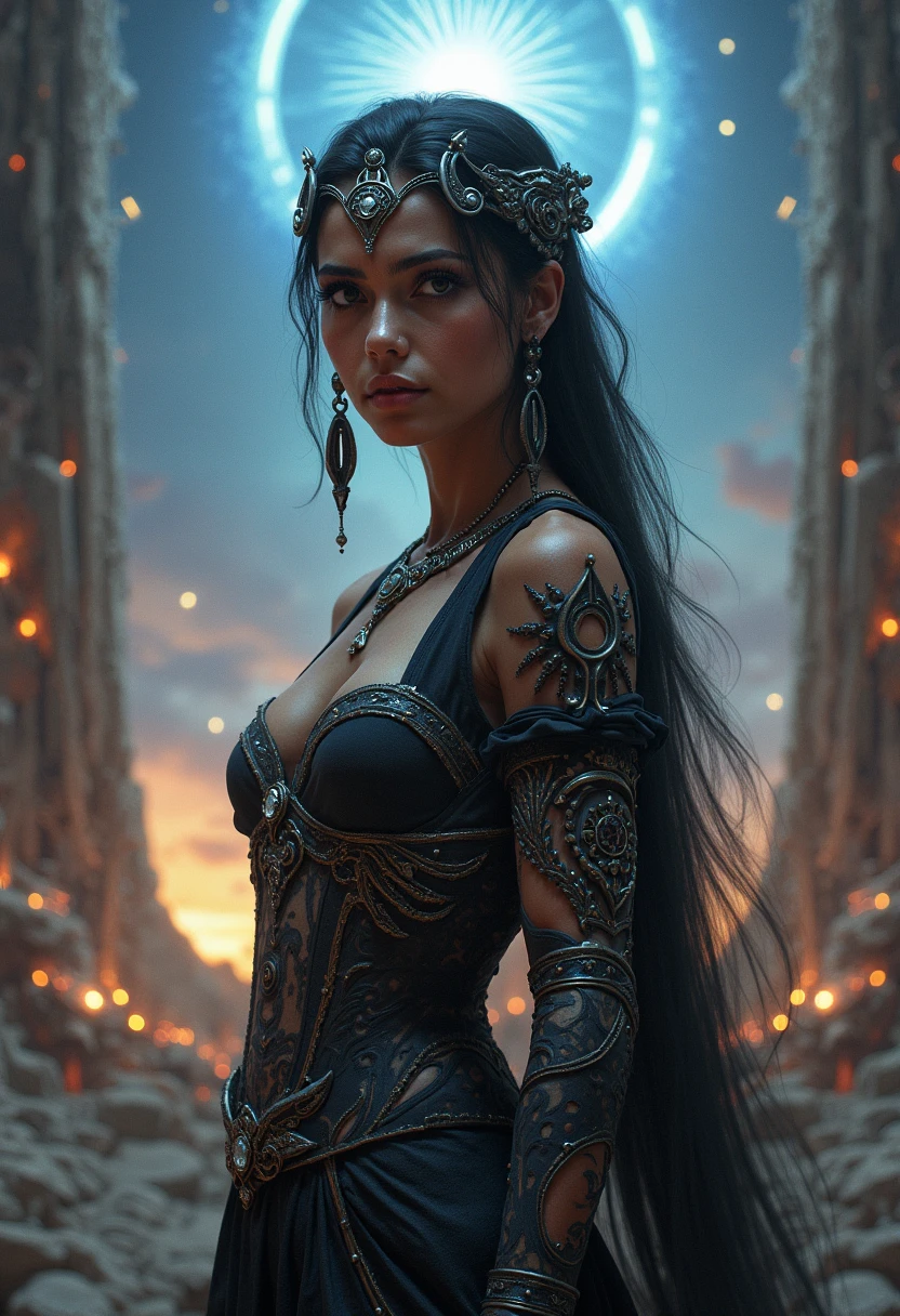 ((best quality: 1.5)) ((masterpiece: 0.8)), intricate details, sharp focus, professional, real life, realistic representation of the face, dim volumetric lighting, dynamic pose, BREAK ((((tall elegant sorceress, makeup: 1.6, ((shredded navy gold chinoiserie gown, tattered, medium breasts, long dark hair bangs, black chrome tiara, (pulsing magical glow)), medieval plains, night dark, bonfire, crowd of red robed cultists in background), body tattoo: 1.6, smirking)))), photorealistic, hyper-realistic, 8K, side view: 0.3