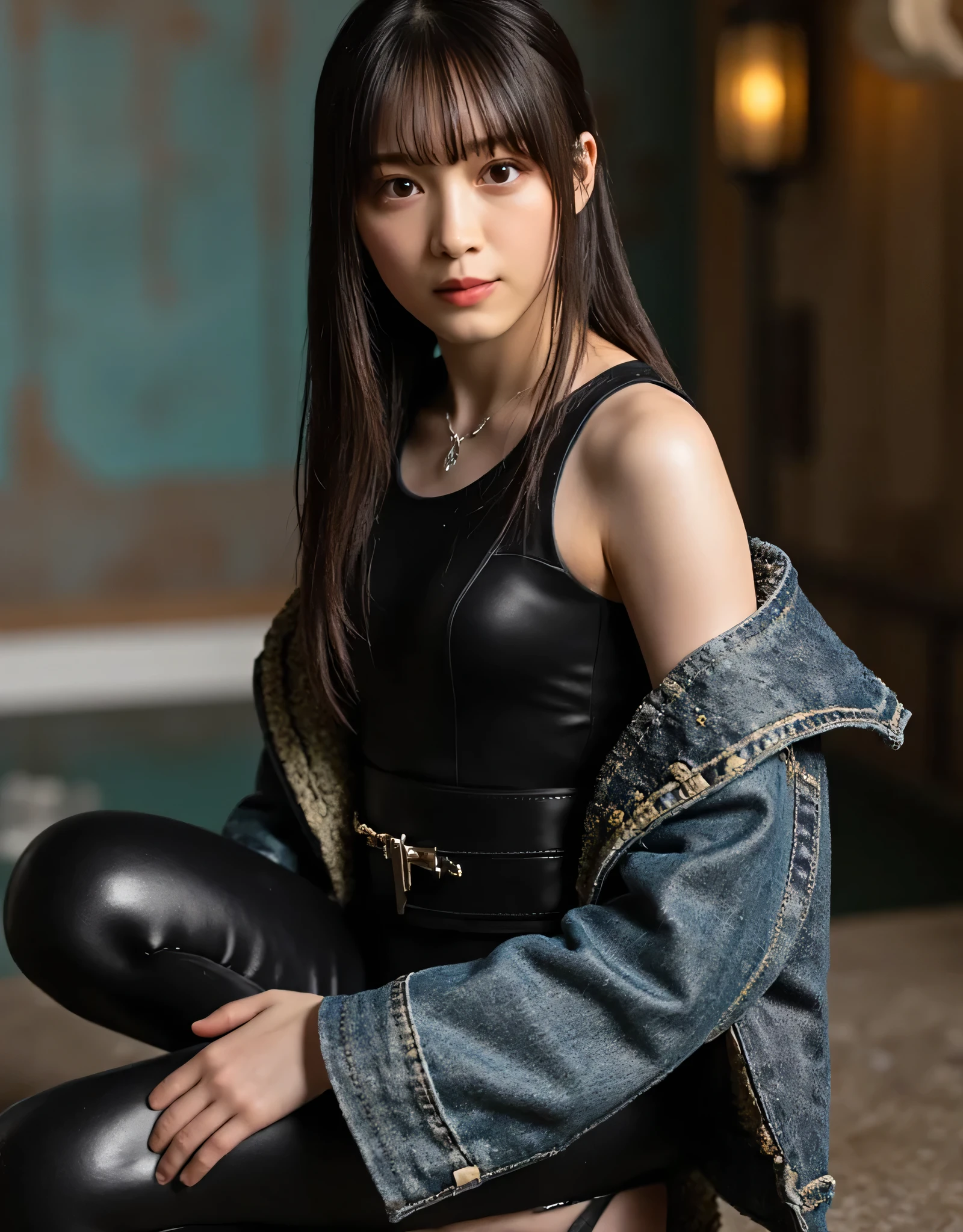 (((The dark interior of the Nostromo ship :2.0))),((( HR Gigger style cyberpunk atmosphere :2.0))),(((Fighting with a cyberpunk-style Japanese sword:2.0))),crouching,((full body:2.0)),One Woman,(Cute Face),(Beautiful well-balanced face ),((long hair with bangs:2.0)),( black hair:1.5),(beautiful eyes:1.3),a glamorous shot of a 20-year-old Japanese woman, Slender Beautiful Body ,((model body type:2.0)),(( slim body with hot water:1.7)),perfect body line,ideal proportions,((big breasts:2.0)),((F cup chest wearing:1.5)),Big Breasts,Bare thighs,sensual thighs seen from below the crowd,delicate body,( Muscular:1.7),A harmonious posture,((Realistic breast depiction :1.7)),carefully depicting limbs based on perfect anatomy,((futuristic samurai style black super high leg leotard:1.5)),((Fitted Camy-Style Latex Ultra High Leg Leotard:1.5)),((Kimono-style denim jacket with an open front over a leotard:2.0)),(ear monitor:1.5),((Tactical Holster:1.5)),(gloves:1.3),Concept Art,(top quality:1.5),(masterpiece:1.5),(Ultra-high resolution),resolution,UHD,(Delicate Description), carefully drawn with butterfly wings ,32K,((realistic skin texture:1.5)),((( super realistic :1.5))),carefully draw eyelashes,Highly Detailed Faces,Highly detailed female hand, Sexy appearance ,very sensual,(Blurry Dim Backgrounds :1.5),professional photo shoot,(movie light:2.0),((Blade Runner-style lighting:2.0))