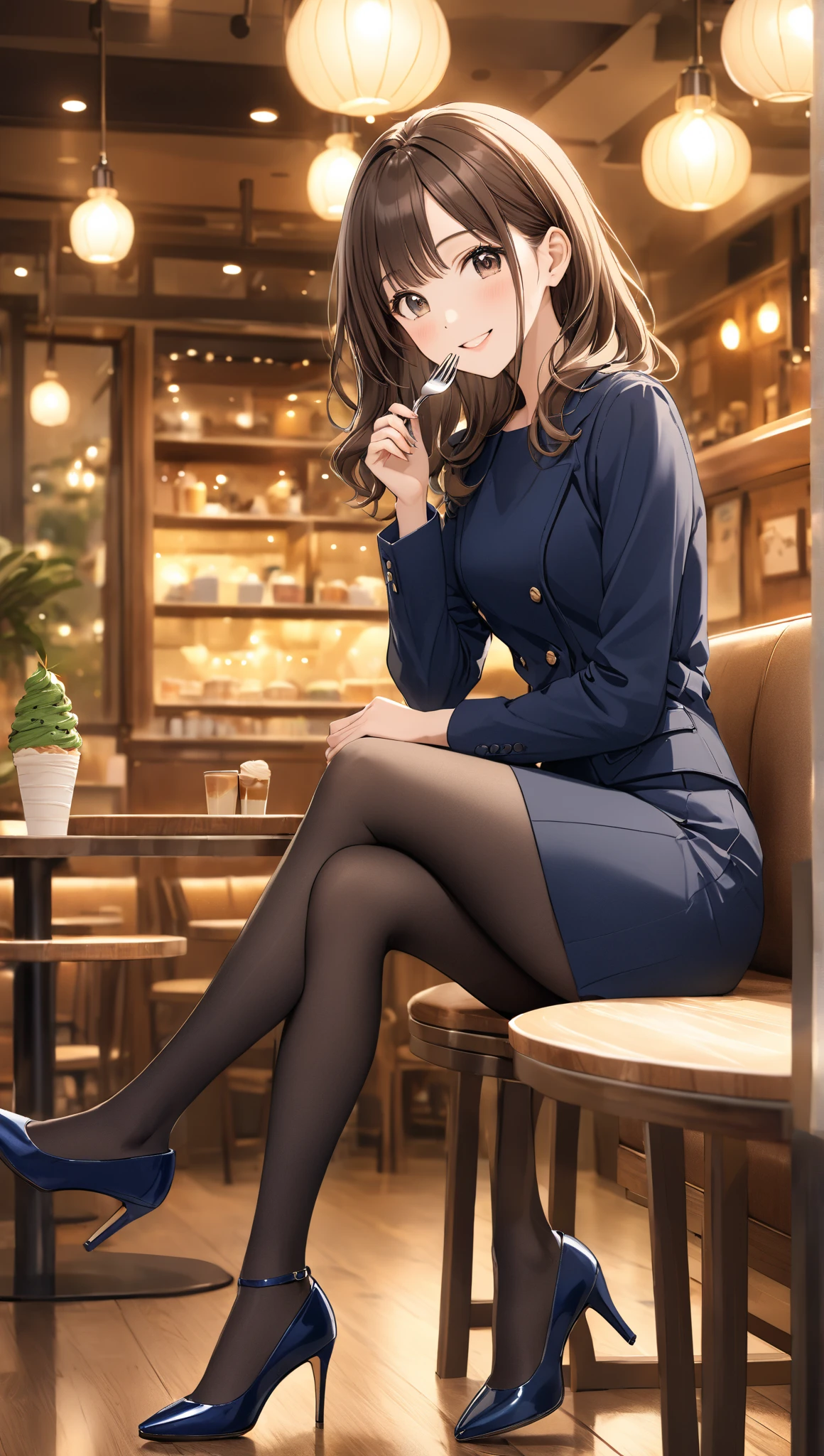 Perfect anime illustration, 1girll, Dark gray hair, Curly hair, matching hairstyle, browneyes, inquisitive，curiosity，Pleasure, ((matching outfits, Light brown transparent student uniform，Dark brown detective style coat，Leather booties)), matching hairstyle, Fantasy style base，A dragon hovers behind the girl，cross-legged，（The pose of one leg folded on the other），Dark blue tights, A high resolution, full bodyesbian, Pose