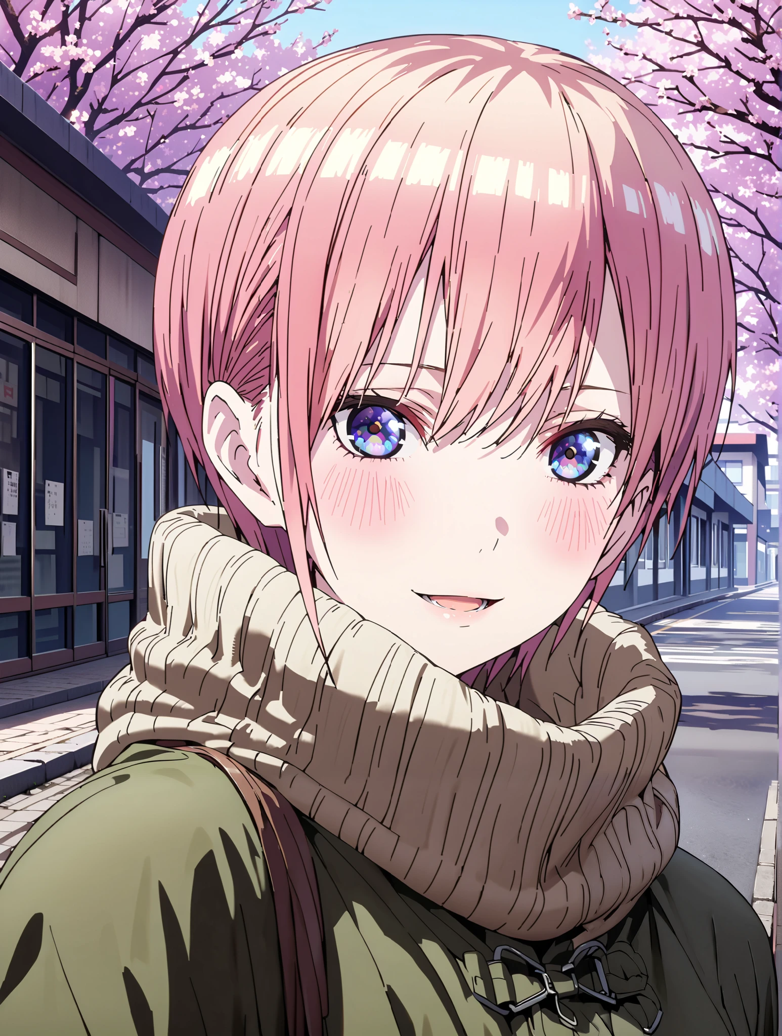 Nakano Ichika, short hair, bungs, blue eyes, Alone,Between the eyebrows, pink hair near MM, smile,blush,open your mouth,duffle coat,The front is empty,oversized turtleneck sweater,Black Pantyhose,Short Boots,walking,cherry blossoms,School building,full bodyがillustration for both eyesに入るように,break outdoors, Around town,
break looking at viewer,full body,
break (masterpiece:1.2), top quality, High Resolution, Unity 8K Wallpaper , (illustration for both eyes:0.8), (beautiful detailed eyes every time I look to the side:1.6), Highly Detailed Faces, perfect lighting, extremely detailed CG, (PERFECT HAND, perfect anatomy),full body写真,