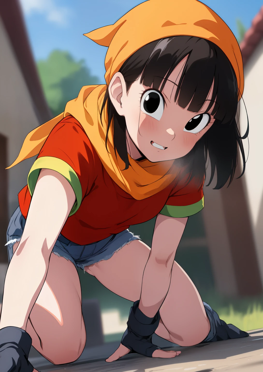 masterpiece, The best quality, The highest quality, photorealistic, perfect anatomy, Perfect face, perfect eyes, pandballgt, 1 , black eyes, black hair, short hair, orange scarf, pants, fingerless gloves, red shirt, Crop above, exterior, ((show legs)),pose sexy, ((giving blowjob to man))
