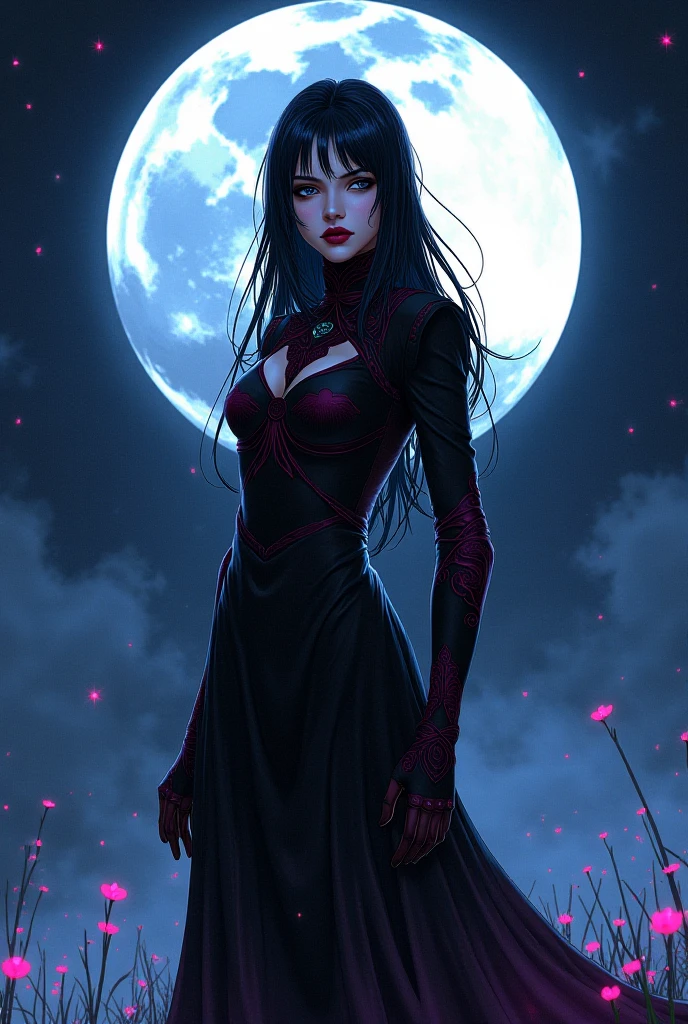 A sexy young male, black, long hair, teal blue eyes. Gothic clothes. (Male) (no facial or body hair)) masterpiece, best quality, ultra-detailed, best shadow), (detailed background) (purple and black) pretty handsome. Sexy Cute. No facial hair. No body hair. Wink. Seductive. Sexy. Pale and white skin. Smirking. Anime style. Blood. Vampire. Sexy. Death note style. Pink lips. SENSUAL. Purple and black gothic frilly clothes. Long lashes. Sexy pose. Love. Shiny. Vampire Prince. Bottom angle. Seductive. Male. Bottom angle. Shiny. Long boots. Delicate facial features. Kiss. Red moon. Fangs. Black wings.