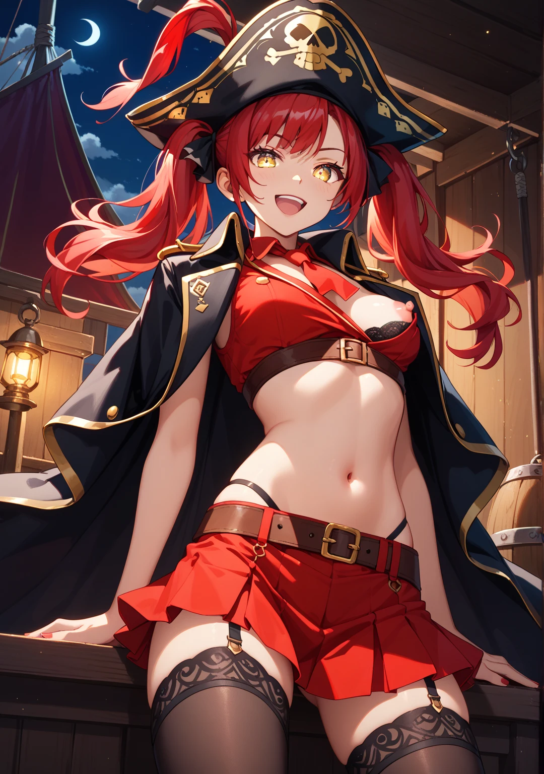 ((Highest quality)), ((masterpiece)), (detailed)One Girl, alone, ((Houshou Marine)), Long twin tails, (Red hair ribbon), Large Breasts, smile, Thighs, pirate hat, Red mini skirt, Belly button、Cleavage、Black knee-highs、Spread your legs,The underwear is black