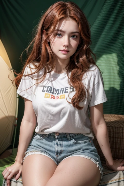 A girl of European appearance (Russian), with medium-length reddish-brown hair, In casual clothes, against the background of the bed