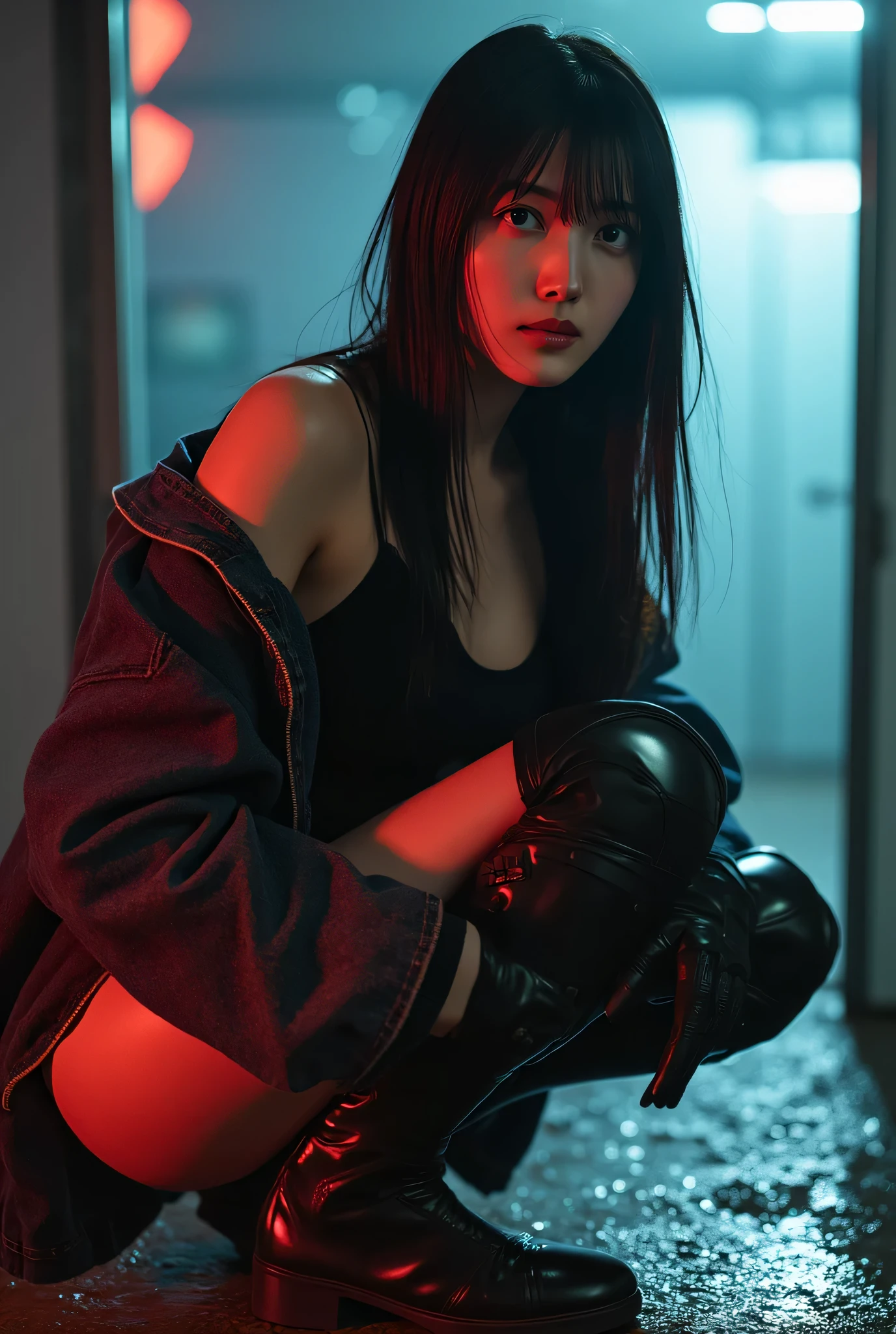 (((Inside the Nostromo:2.0))),((( HR Gigger style cyberpunk atmosphere :2.0))),(((Fighting with a cyberpunk-style Japanese sword:2.0))),crouching,((full body:2.0)),One Woman,(Cute Face),(Beautiful well-balanced face ),((long hair with bangs:2.0)),( black hair:1.5),(beautiful eyes:1.3),a glamorous shot of a 20-year-old Japanese woman, Slender Beautiful Body ,((model body type:2.0)),(( slim body with hot water:1.7)),perfect body line,ideal proportions,((big breasts:2.0)),((F cup chest wearing:1.5)),Big Breasts,Bare thighs,sensual thighs seen from below the crowd,delicate body,( Muscular:1.7),A harmonious posture,((Realistic breast depiction :1.7)),carefully depicting limbs based on perfect anatomy,((futuristic samurai style black super high leg leotard:1.5)),((Fitted Camy-Style Latex Ultra High Leg Leotard:1.5)),((Kimono-style denim jacket with an open front over a leotard:2.0)),(ear monitor:1.5),((Tactical Holster:1.5)),(gloves:1.3),Concept Art,(top quality:1.5),(masterpiece:1.5),(Ultra-high resolution),resolution,UHD,(Delicate Description), carefully drawn with butterfly wings ,32K,((realistic skin texture:1.5)),((( super realistic :1.5))),carefully draw eyelashes,Highly Detailed Faces,Highly detailed female hand, Sexy appearance ,very sensual,(Blurry Dim Backgrounds :1.5),professional photo shoot,(movie light:2.0),((Blade Runner-style lighting:2.0))