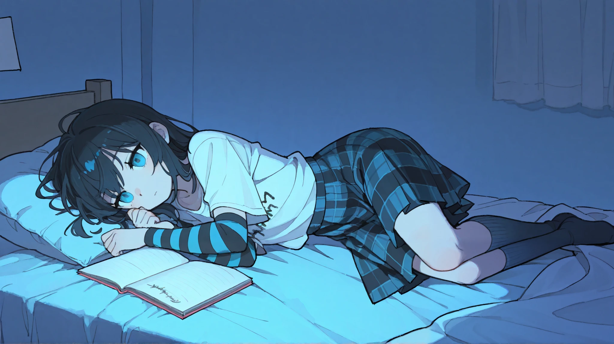 1 girl who died、 black hair、ボサボサのロングヘア、white t-shirt、black and turquoise striped arm covers、turquoise and black plaid skirt、turquoise blue and black striped knee-high socks、 zitoida、 turquoise eyes 、expressionless、I'm lying on my bed and writing a notebook、A room based on turquoise blue
